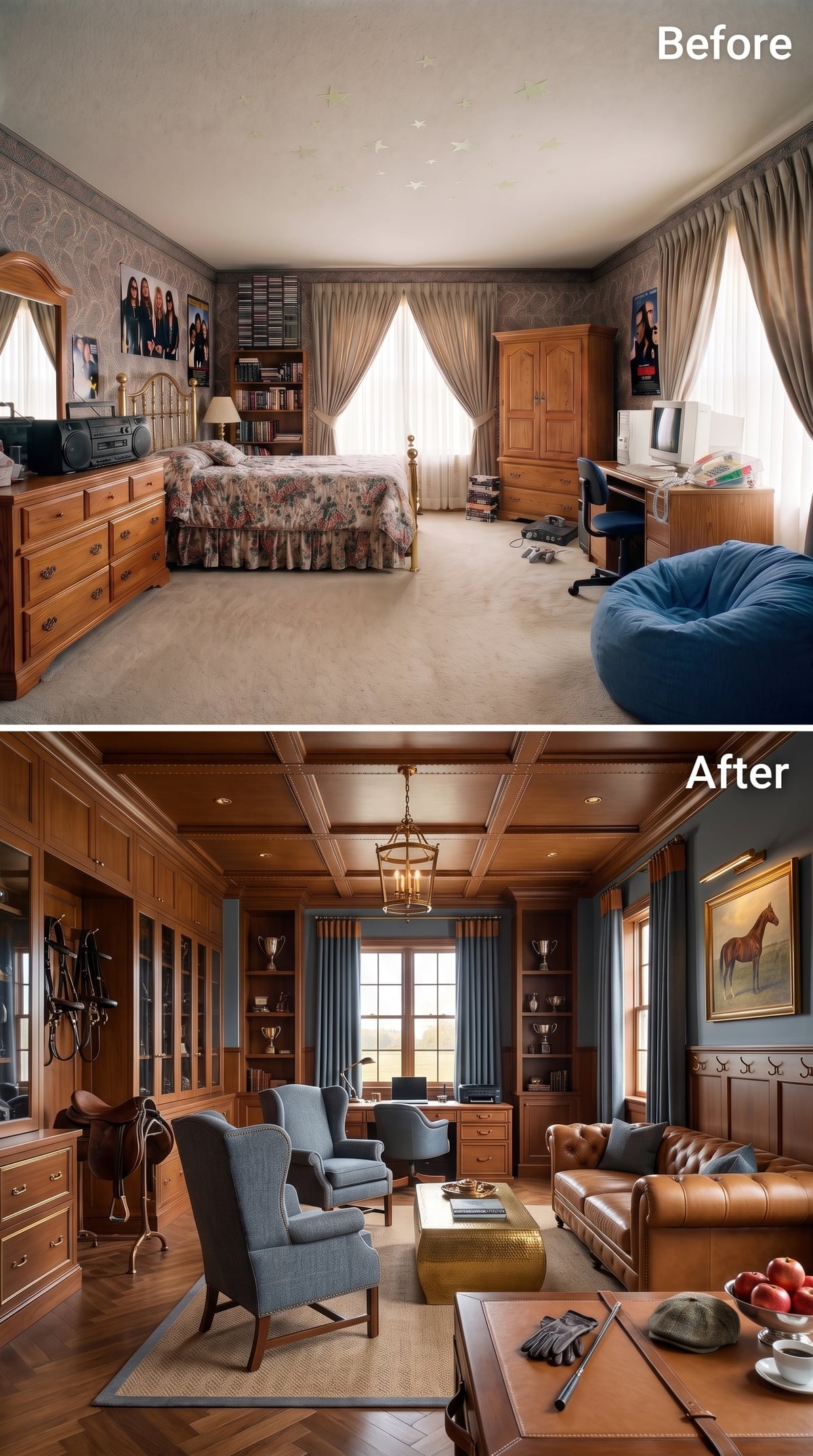 Equestrian Library Energy, Slate Blue, and Woodwork With Serious Presence