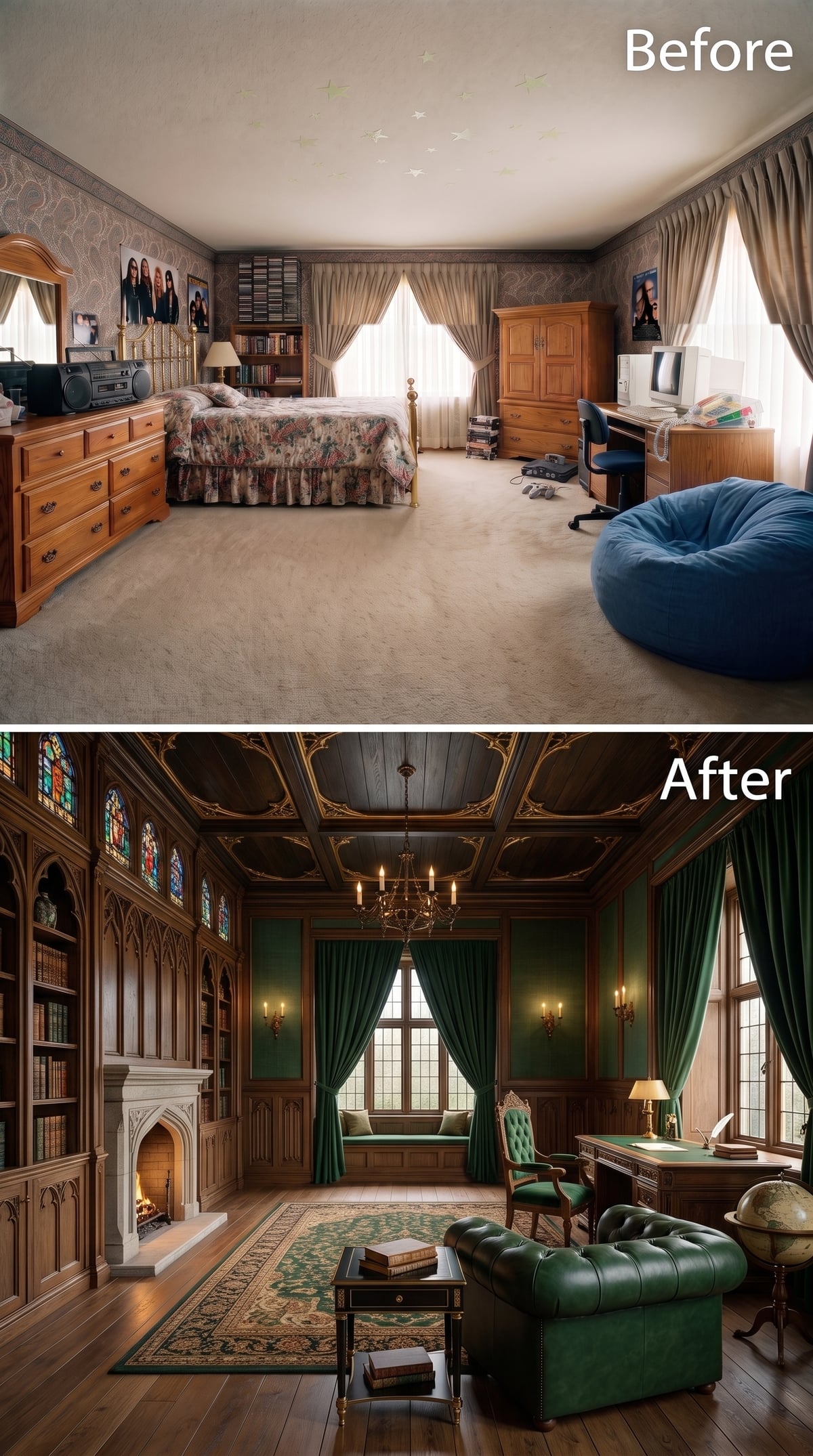 Gothic Paneling, Green Leather, and a Fireplace Bright Enough to Break the Spell