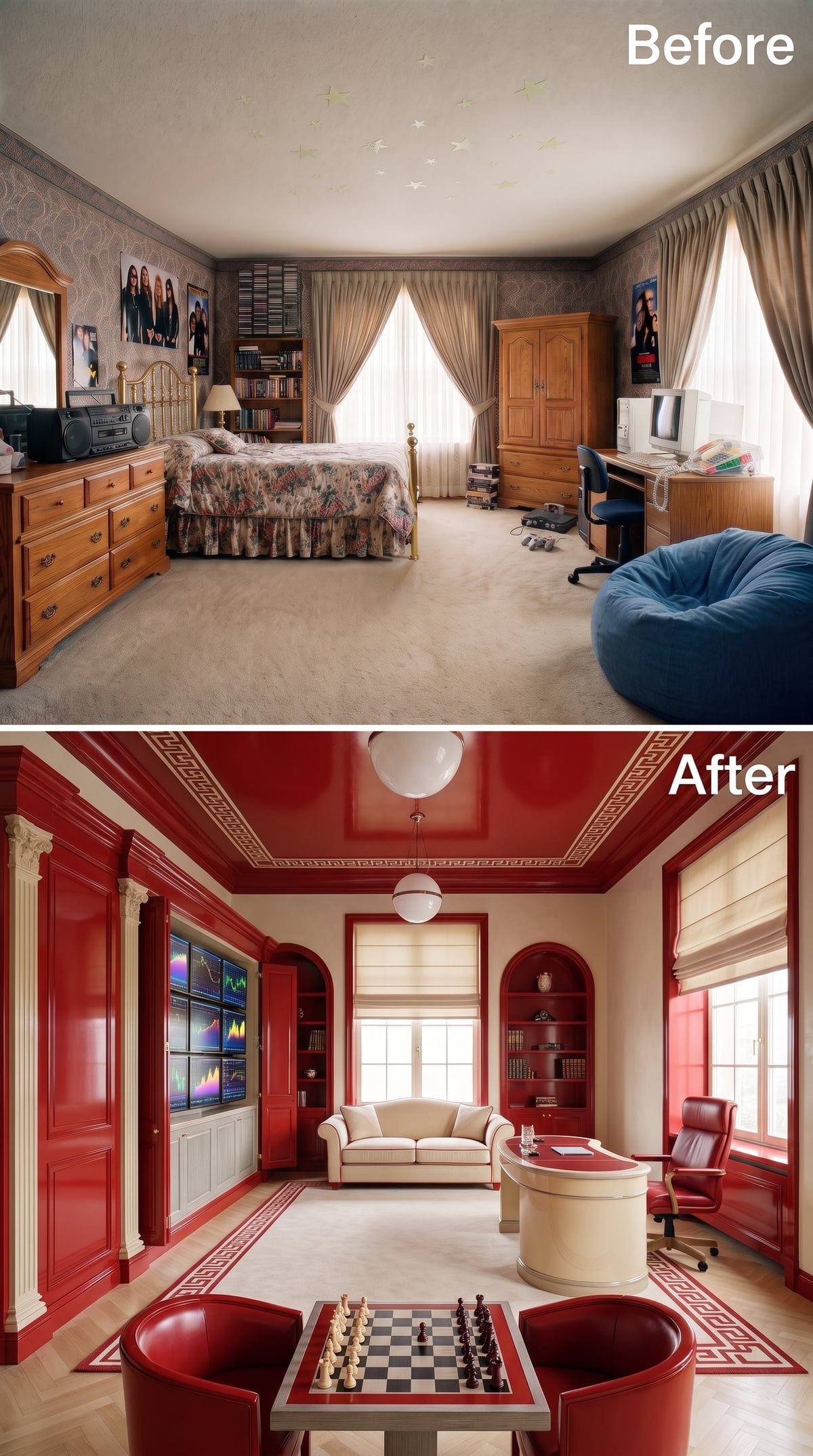 Lacquered Red, Greek-Key Trim, and a Chess Table That Closes the Deal