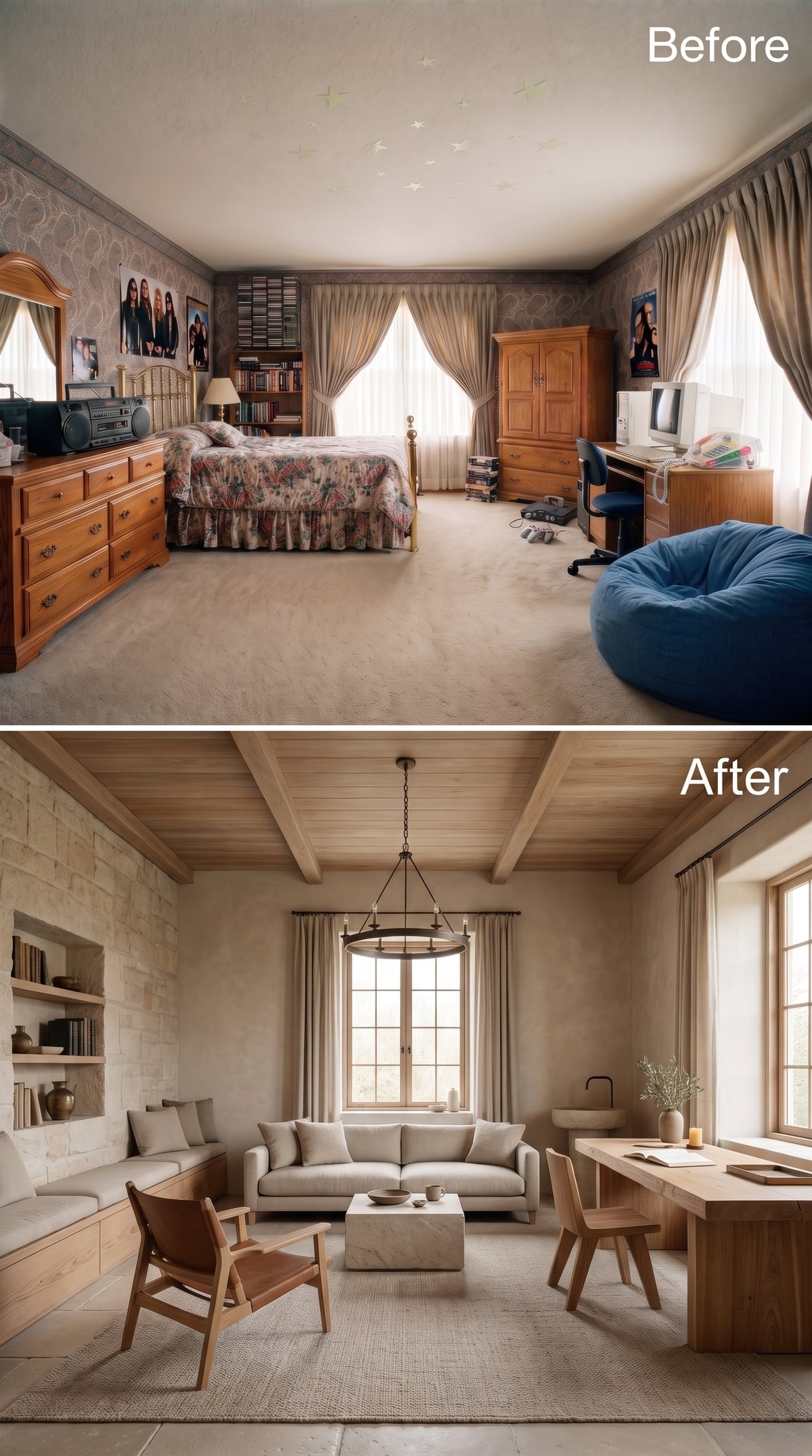 Limestone Walls and Rough Beams Make the Desk Look Almost Delicate