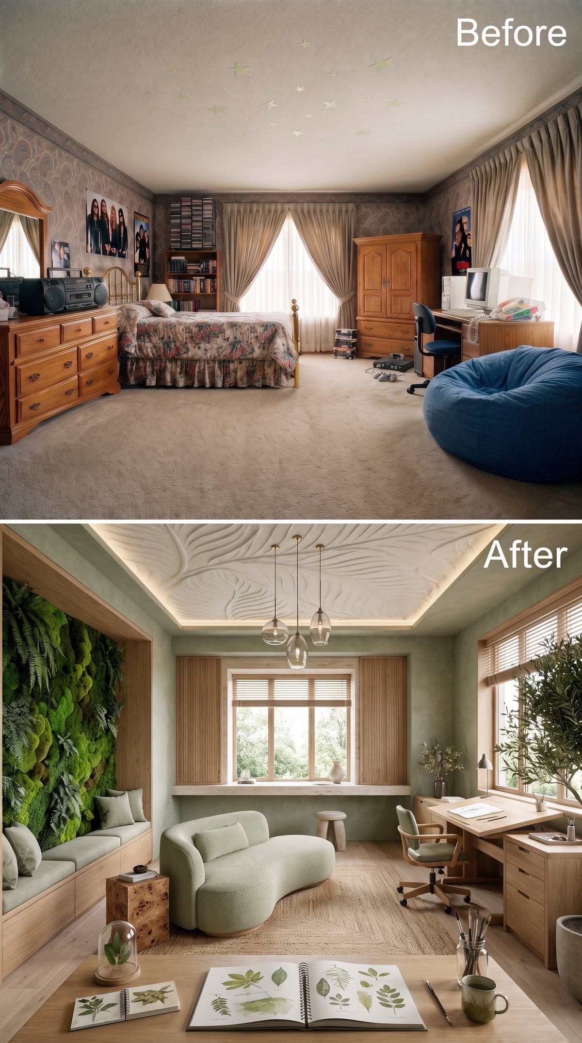 Moss Wall, Sculpted Plaster, and an Olive Tree Rewrite the Spare-Room Brief