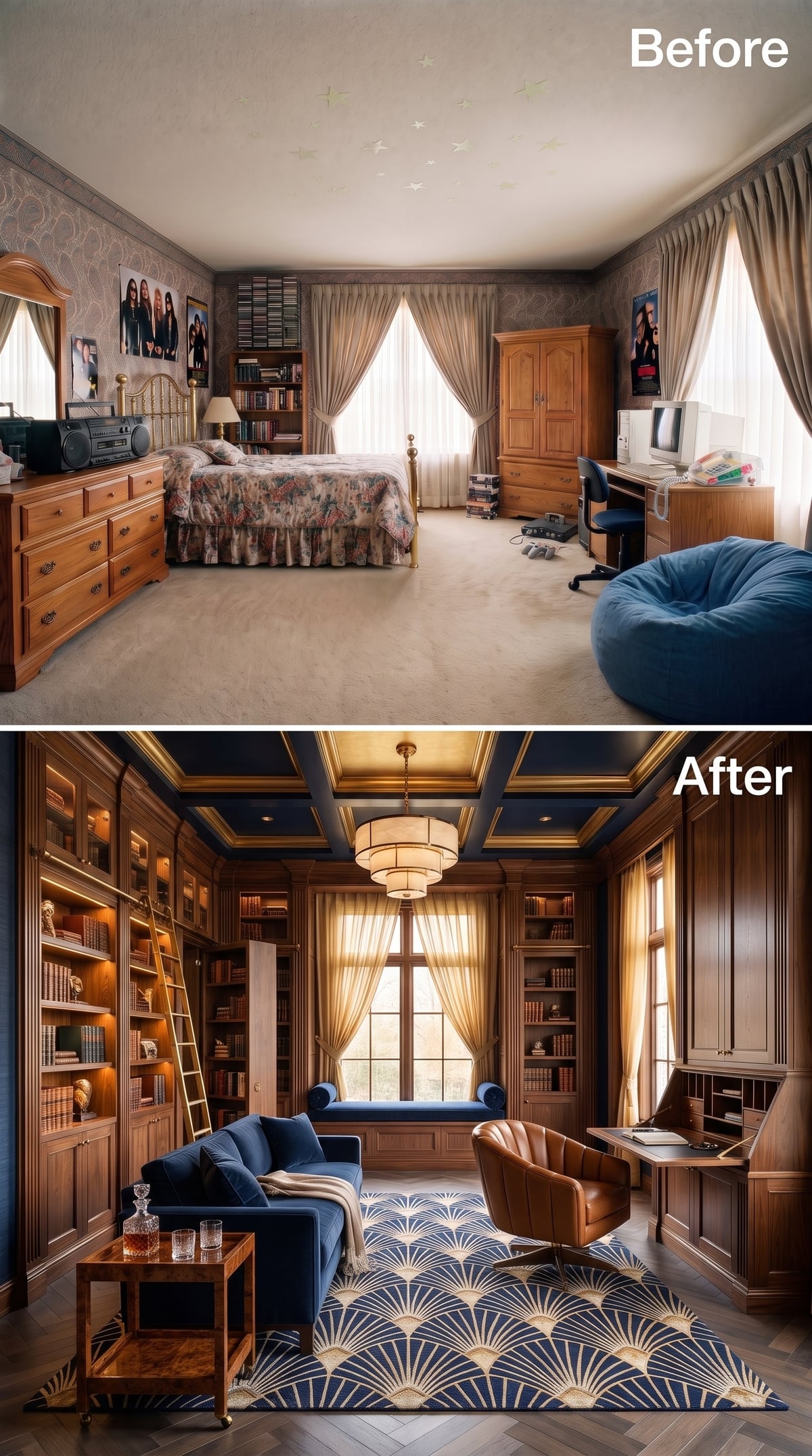 Navy Velvet, Walnut Shelves, and a Library Ladder That Steals the Scene