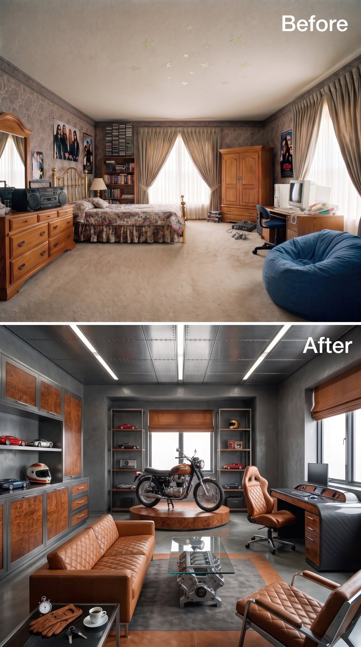 Steel Ceiling, Quilted Leather, and a Motorcycle That Makes the Desk Irrelevant