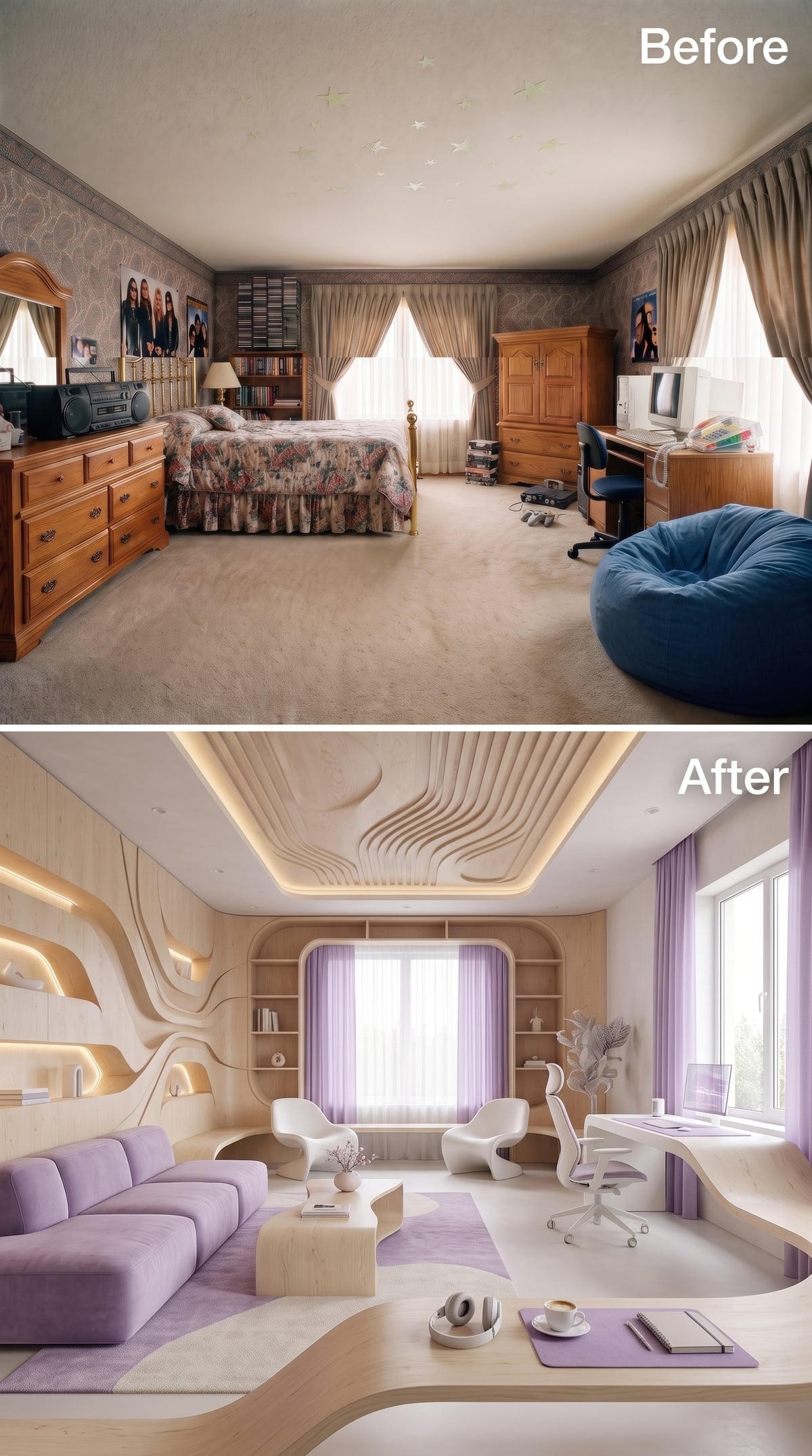 Wavy Plaster Walls, Lavender Accents, and a Desk That Melts Into the Millwork