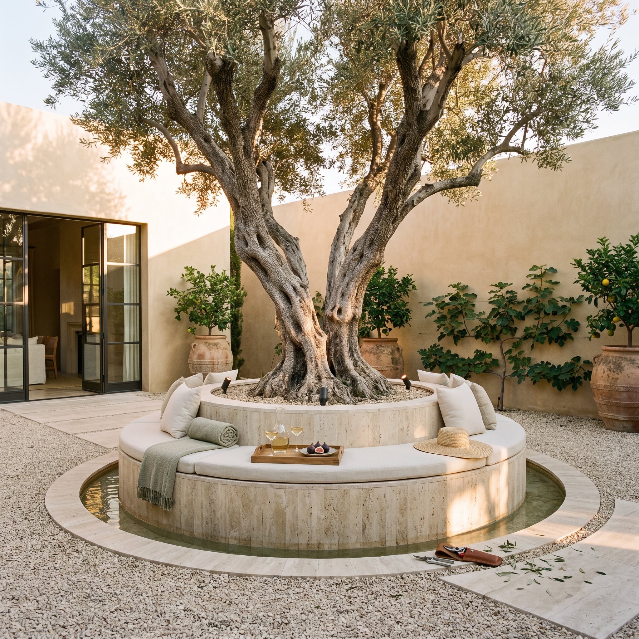 Mature olive tree surrounded by a circular travertine bench in a courtyard