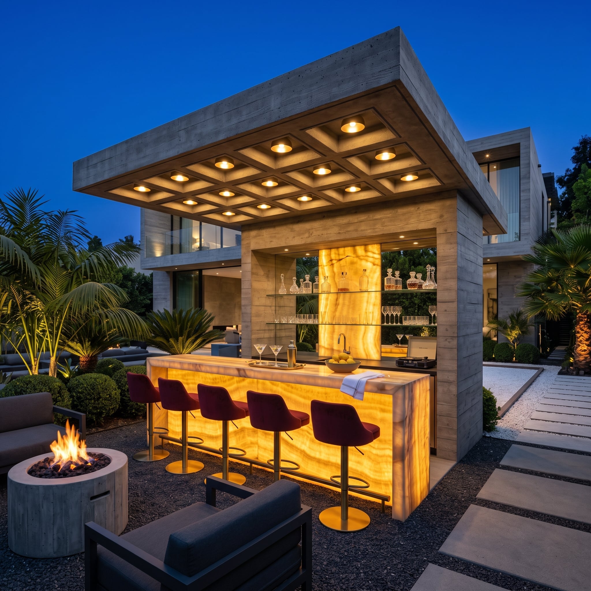 Backlit amber onyx outdoor bar beneath a coffered pergola