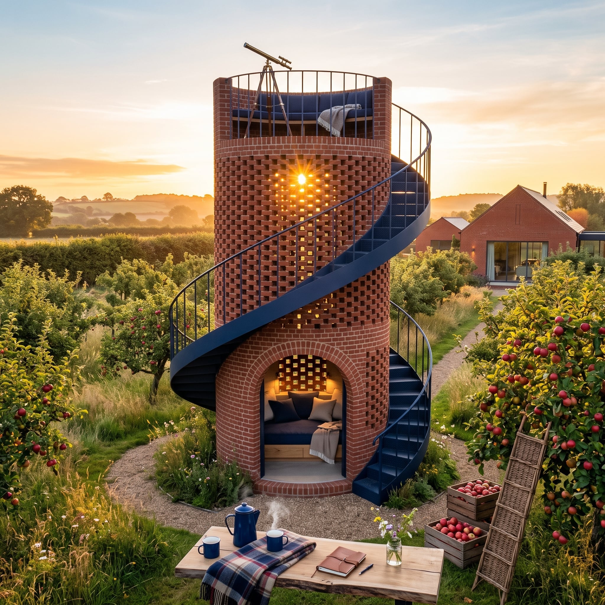 Brick observation tower with spiral staircase in an apple orchard