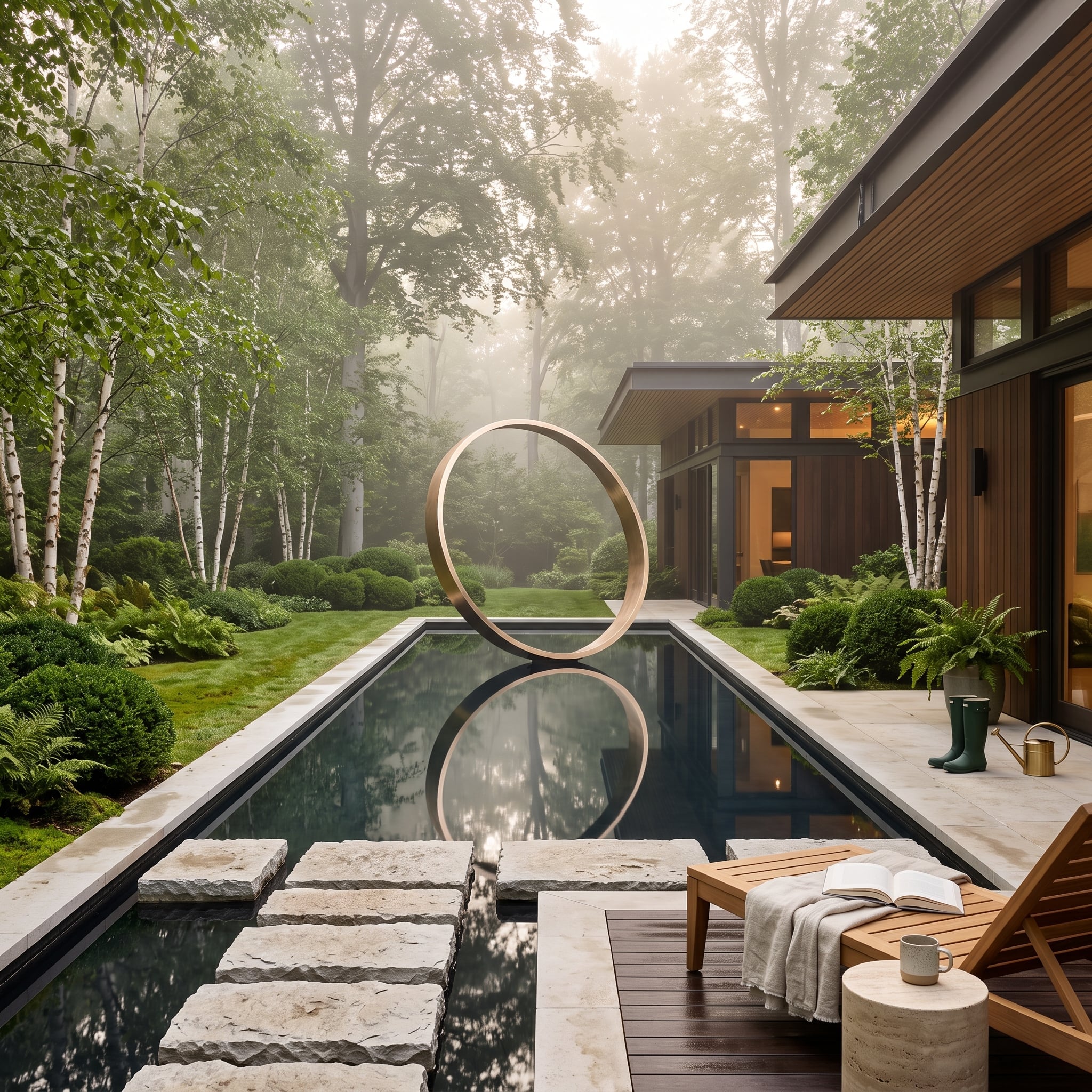 Bronze ring sculpture reflected in a dark pool among birch trees