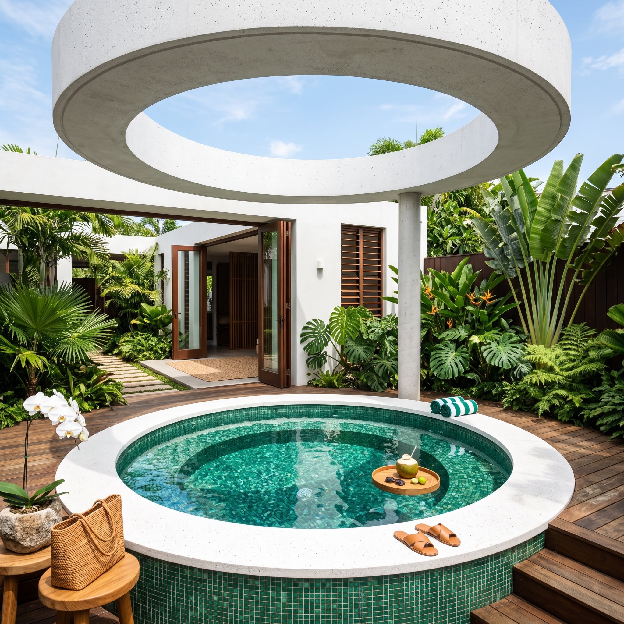 Circular emerald mosaic plunge pool beneath a concrete oculus