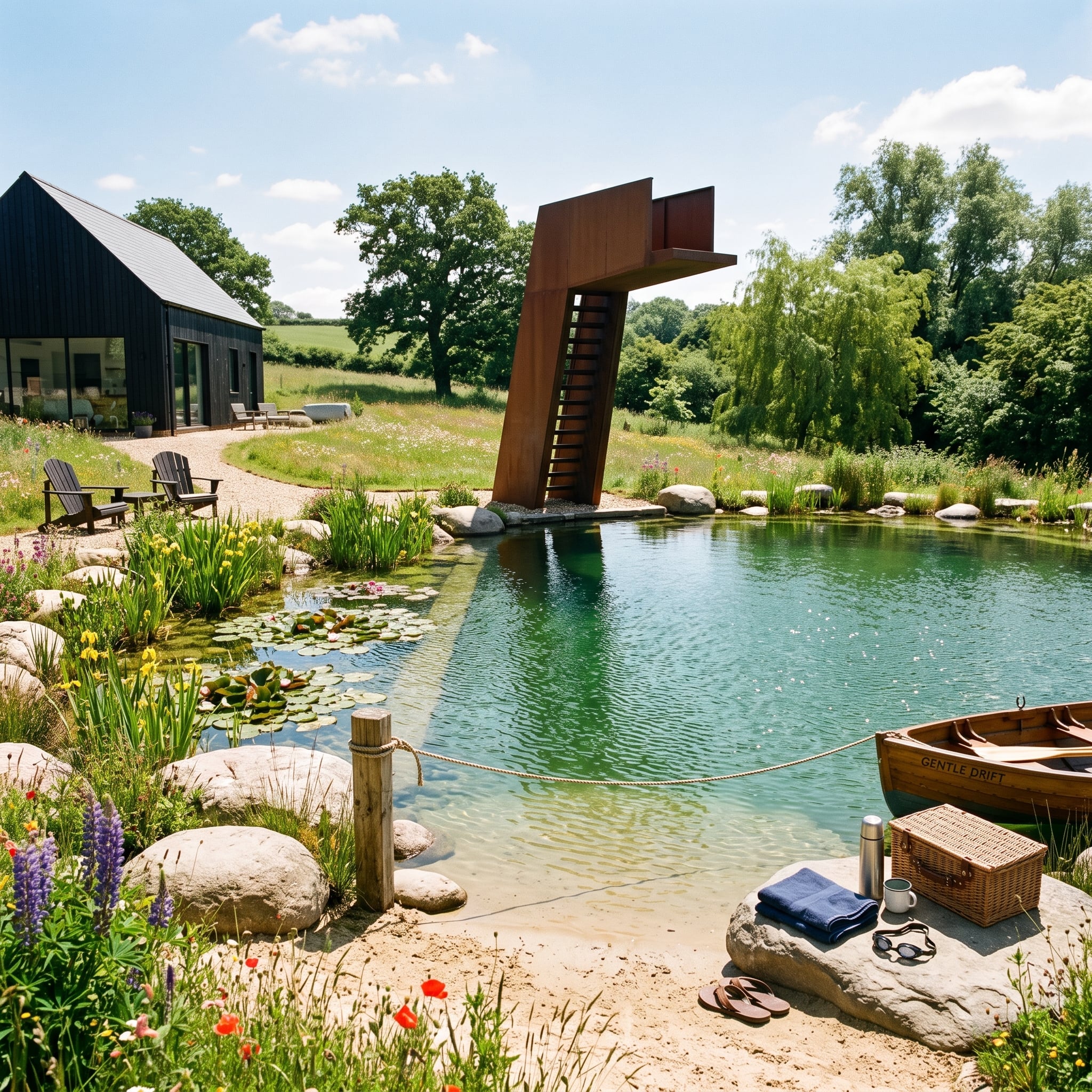 Corten steel diving tower beside a naturalistic swimming pond and wooden rowboat