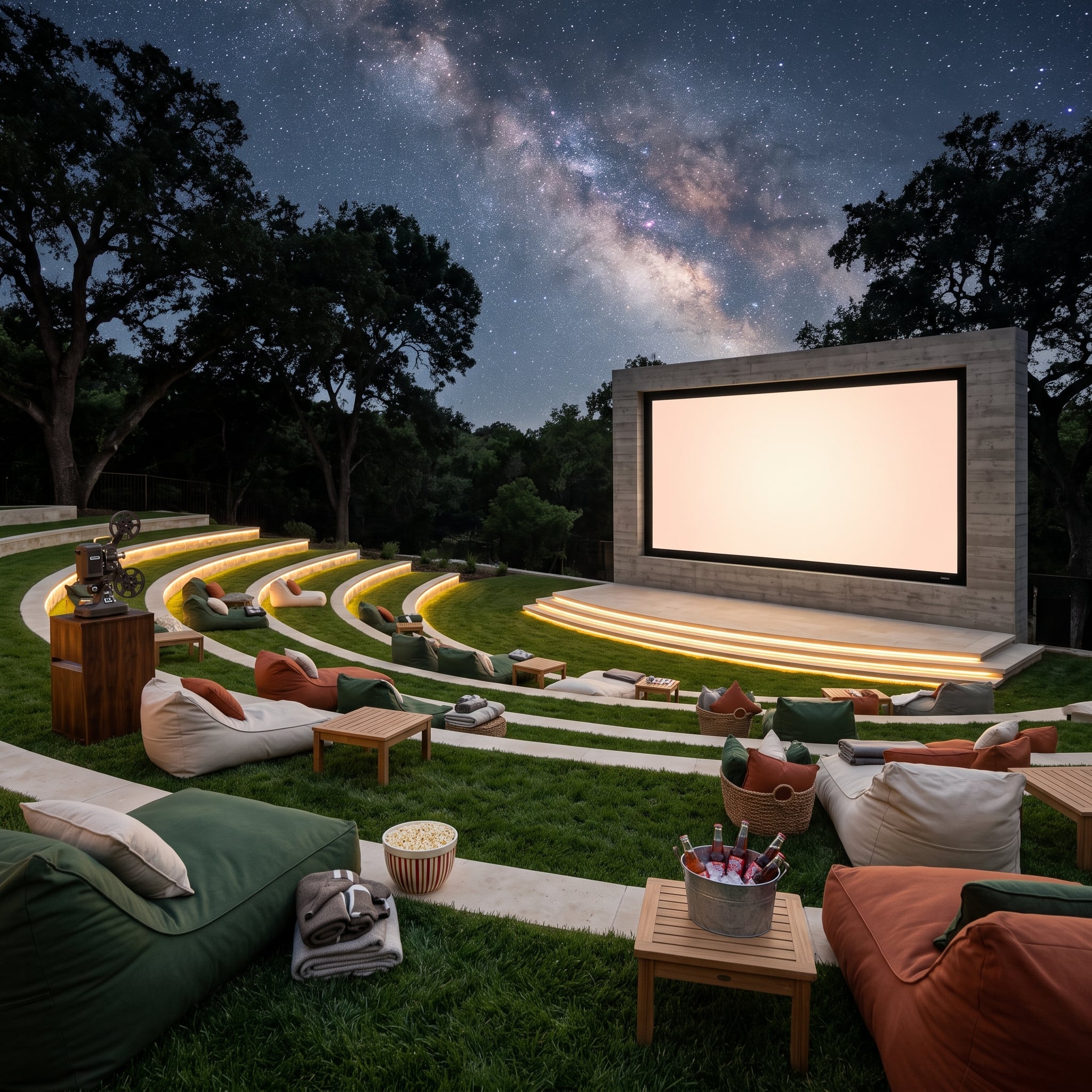 Curved grass terraces facing an outdoor cinema screen beneath the night sky