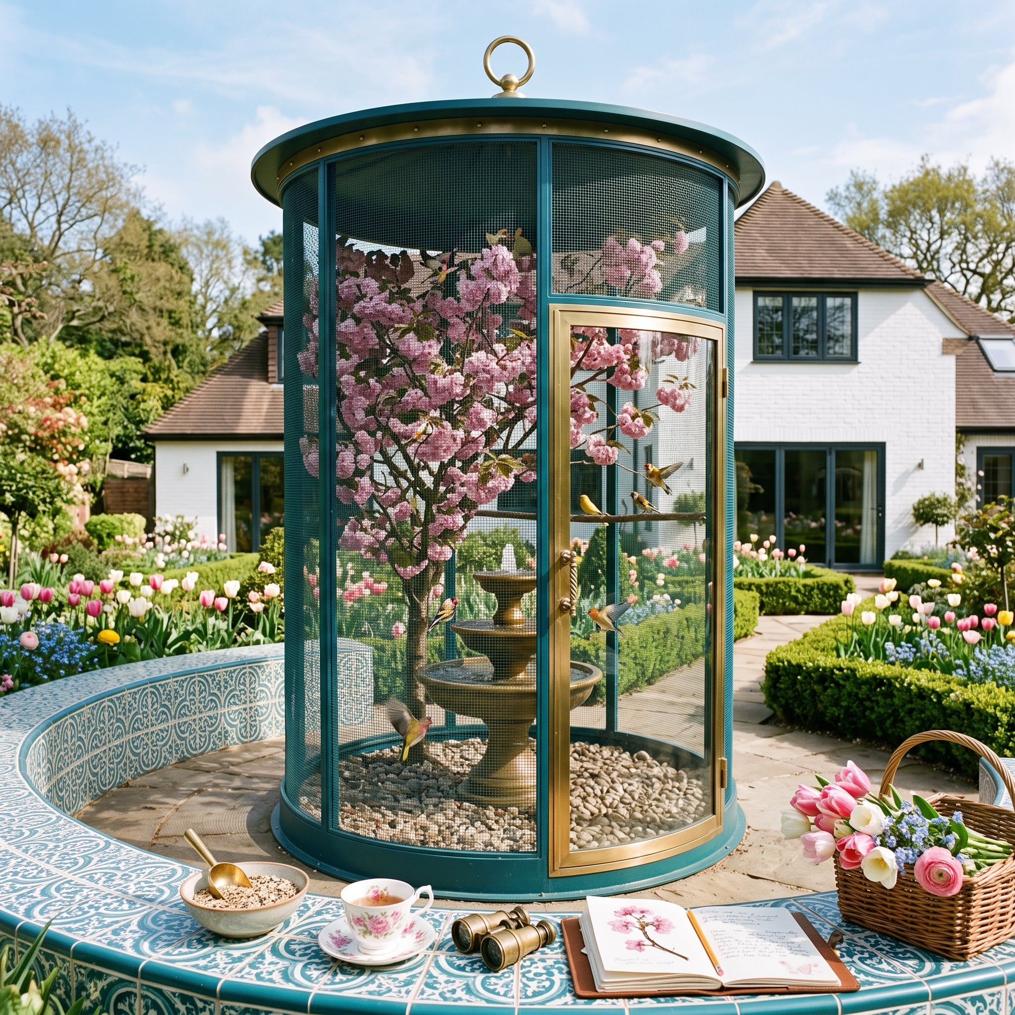 Brass-framed cylindrical aviary with cherry blossoms and birds