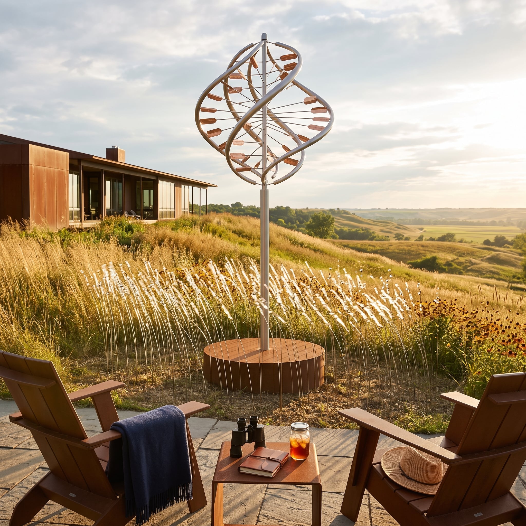 Double-helix metal sculpture among prairie grasses beside Adirondack chairs