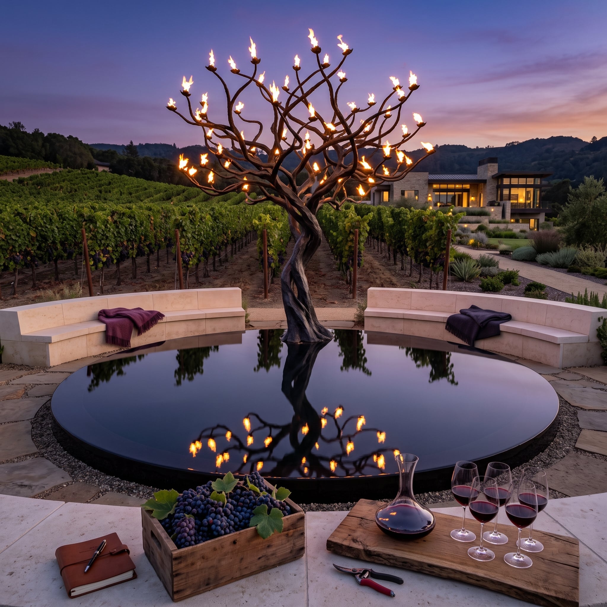 Sculptural metal tree with flames at its branches in a reflecting pool