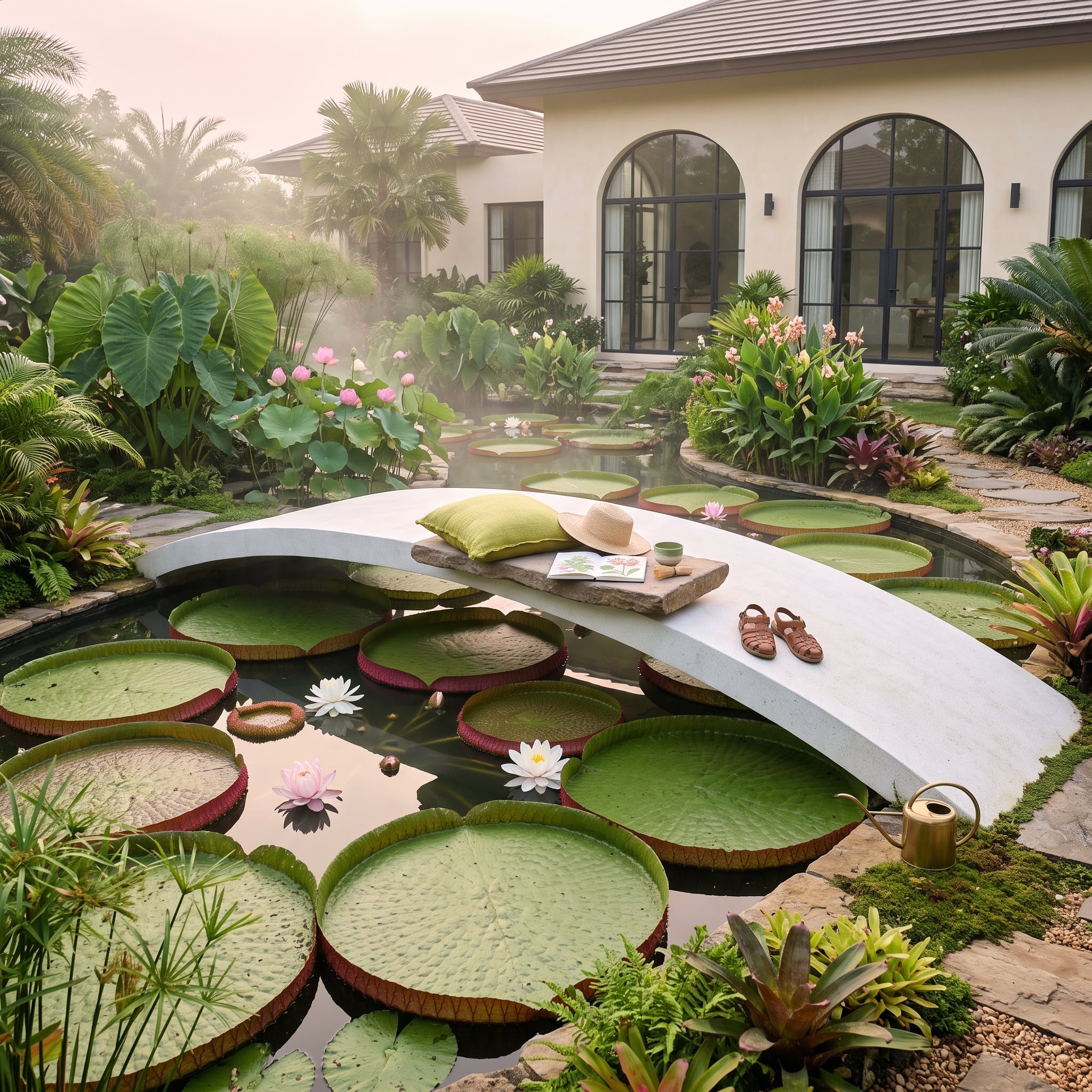 Giant Victoria water lily leaves filling a tropical garden pond