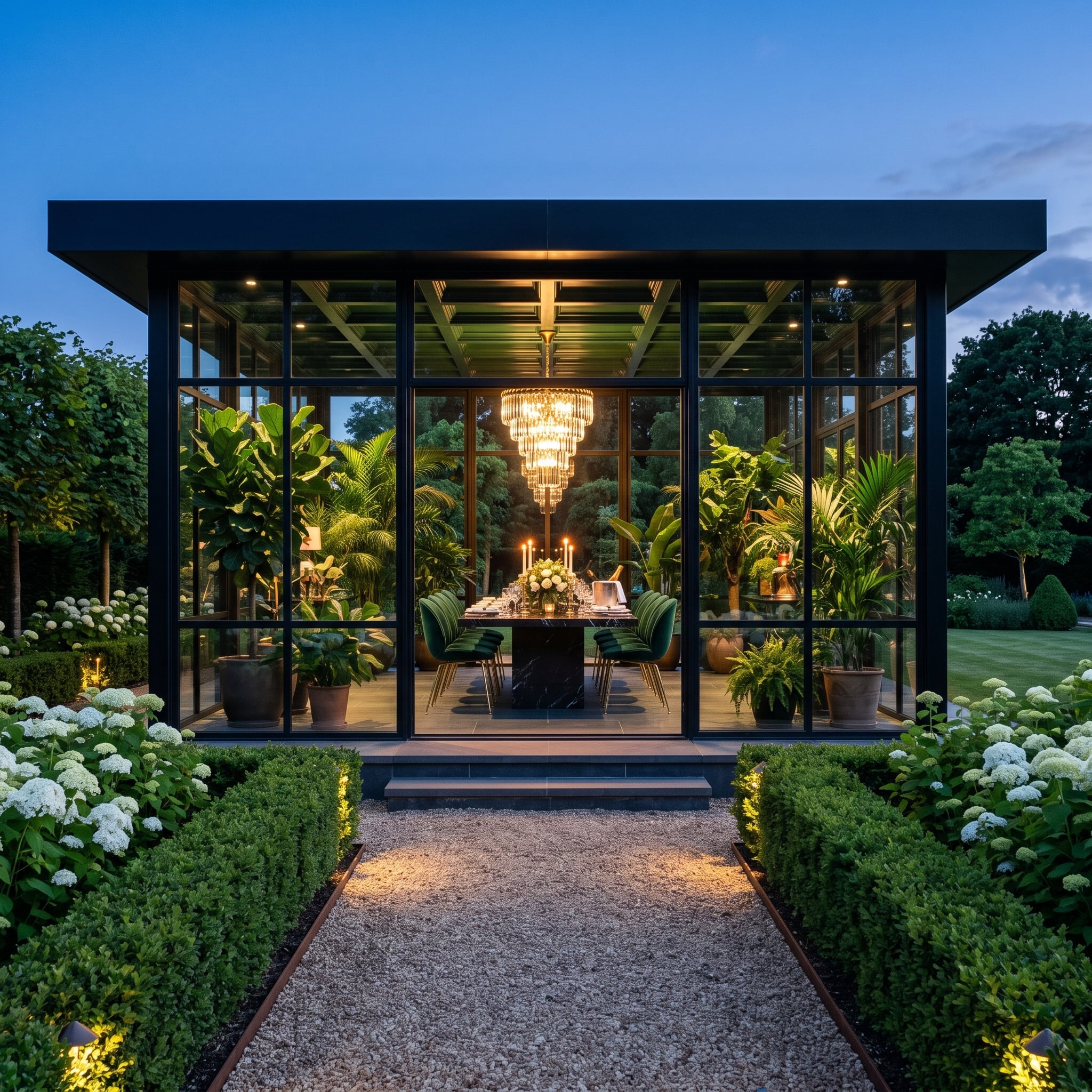 Glass-walled garden dining pavilion with crystal chandelier and green velvet chairs