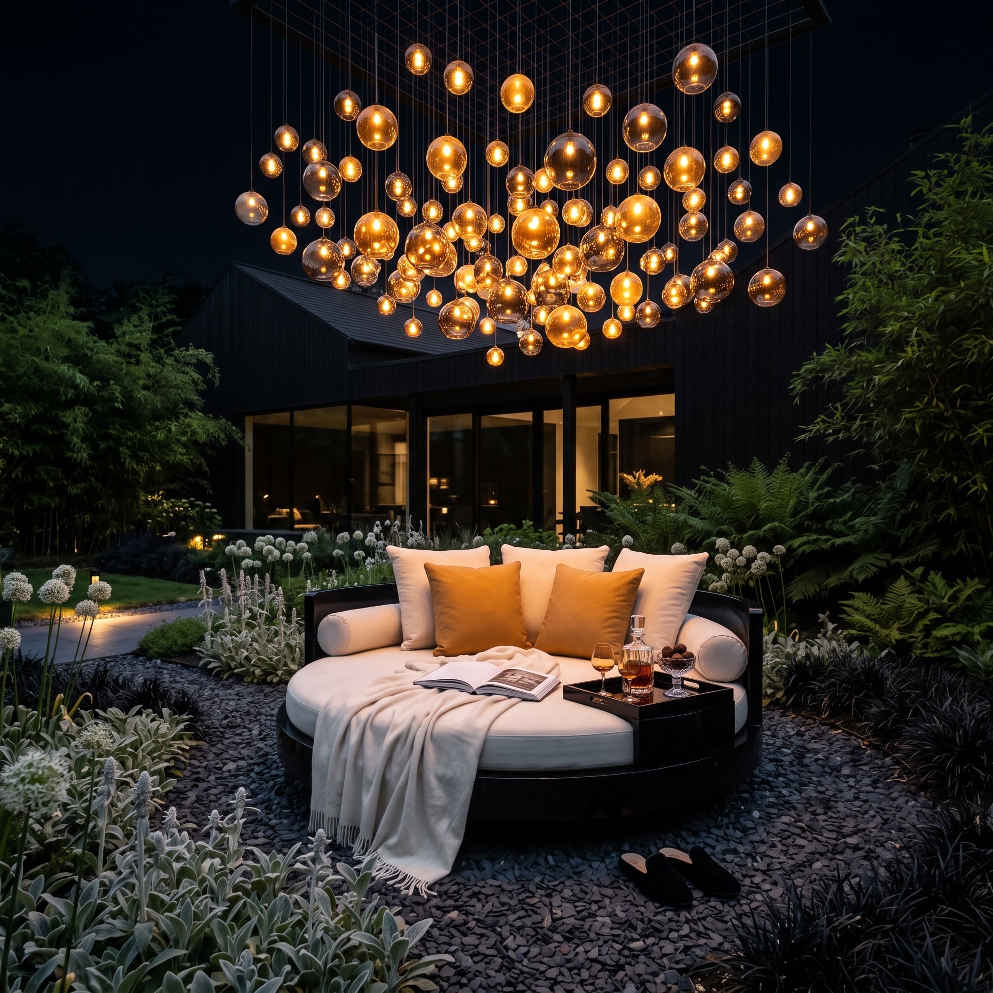 Cluster of glowing amber globe pendants above an outdoor circular daybed