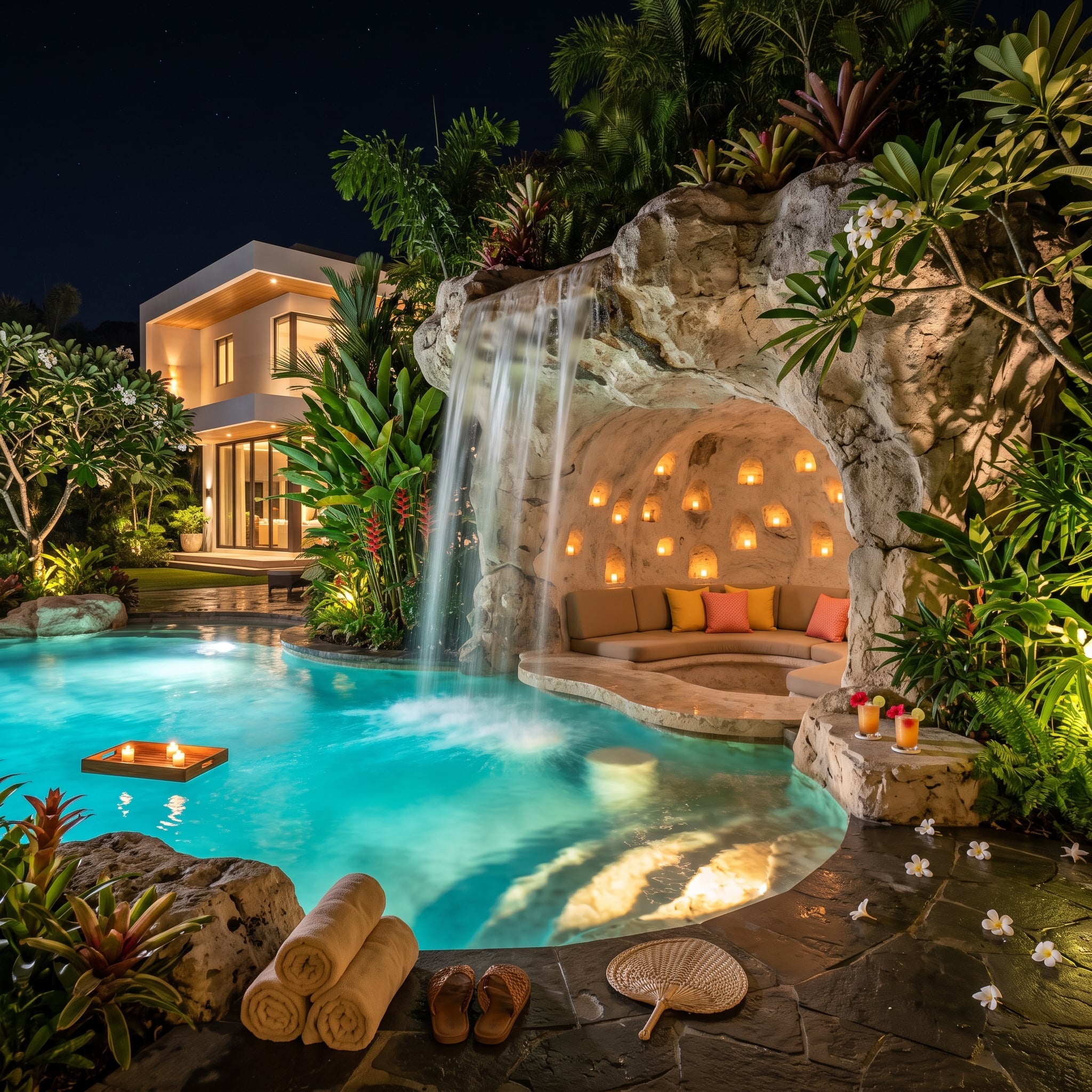 Candlelit limestone grotto with waterfall and seating beside a turquoise pool