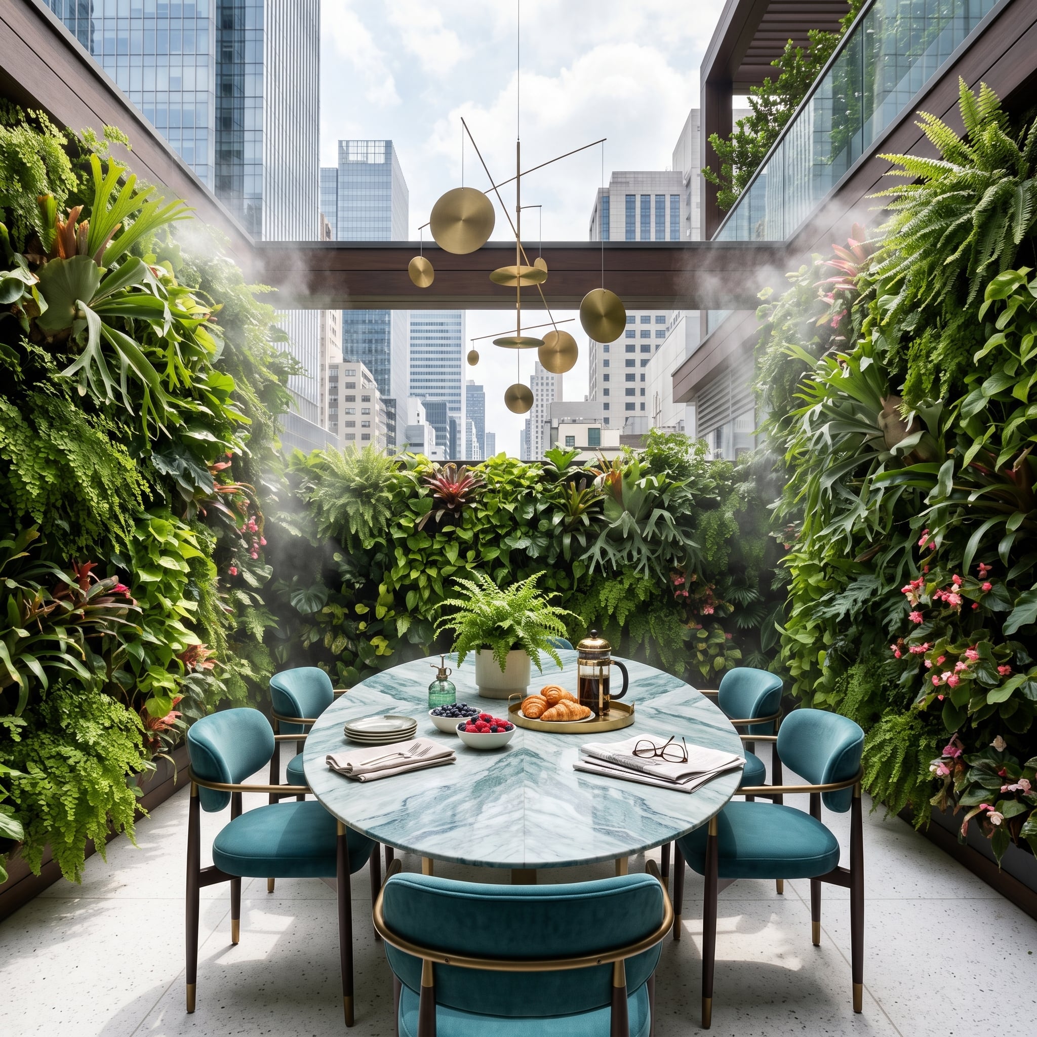 High-rise garden terrace with lush living walls and blue-veined marble dining table