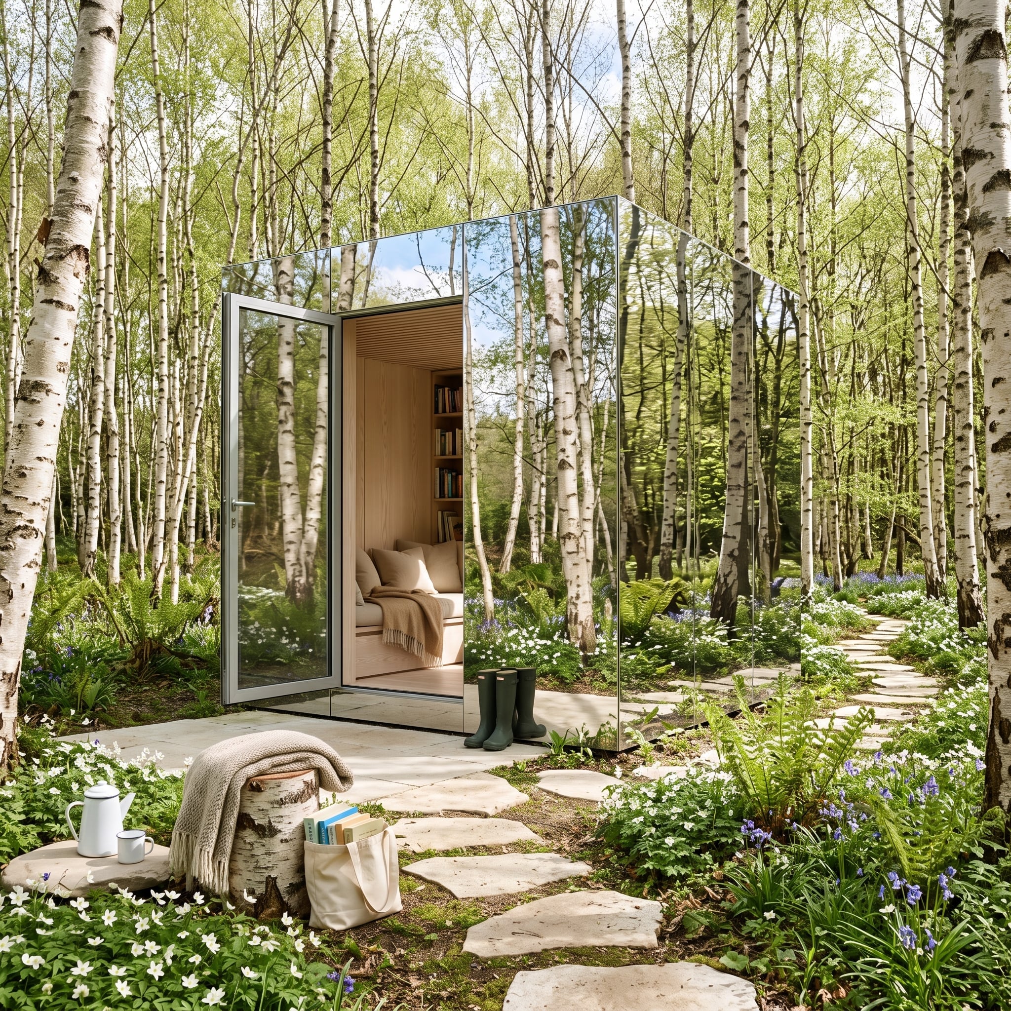 Mirror-clad garden reading pod reflecting a birch grove