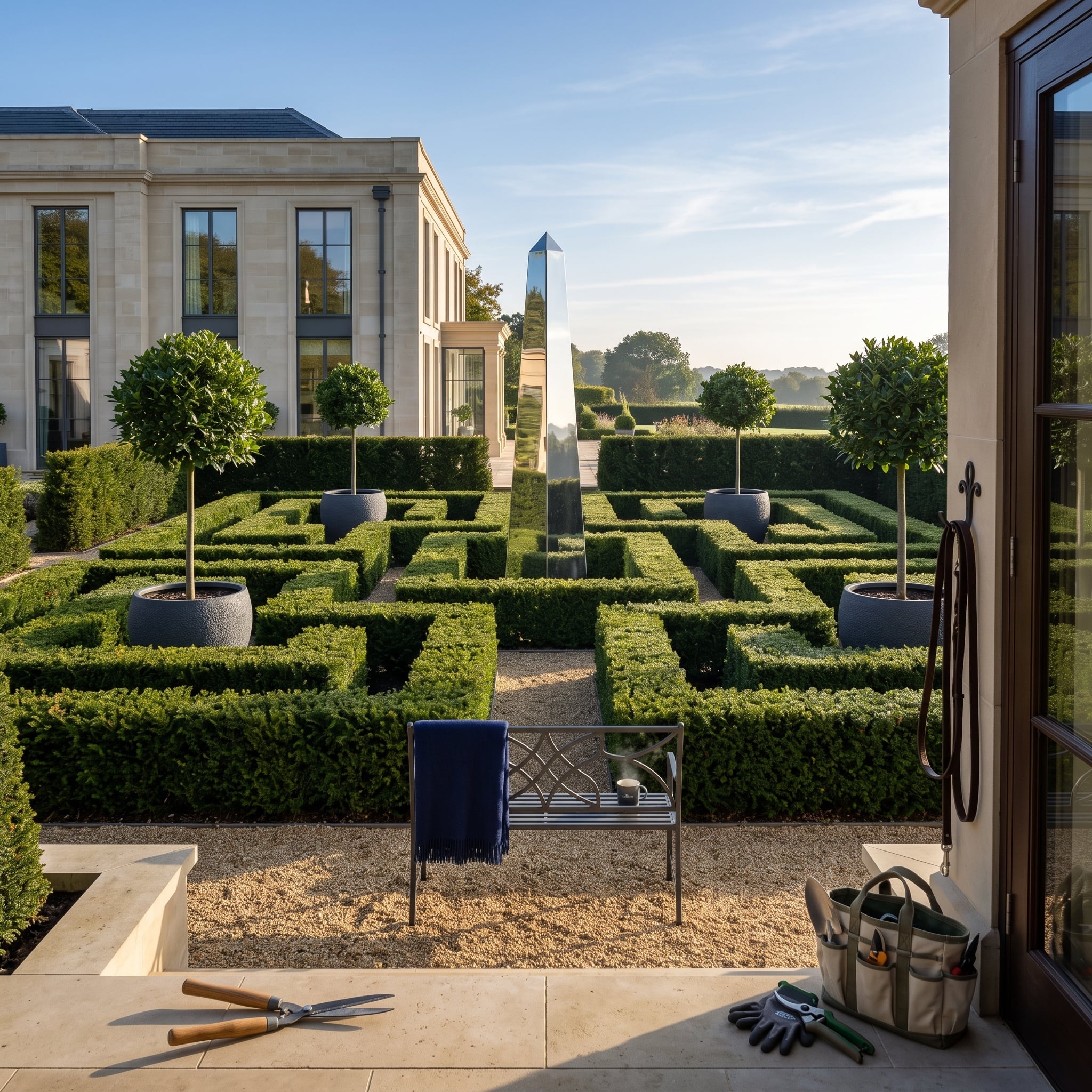 Polished mirrored obelisk rising from a geometric boxwood knot garden