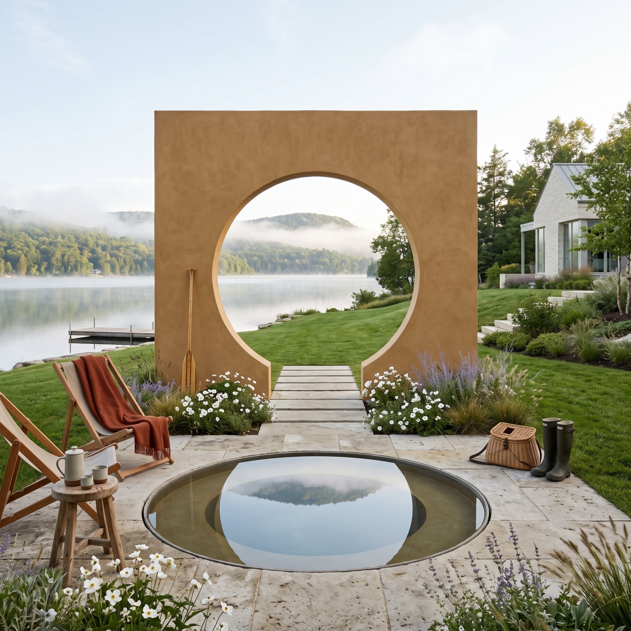 Ochre moon gate overlooking a lake and circular reflecting pool