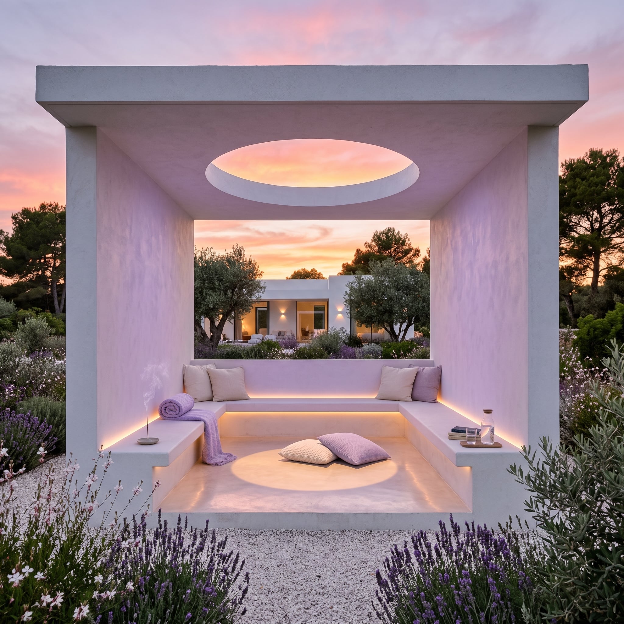 Sunken concrete garden pavilion with oval roof opening among lavender