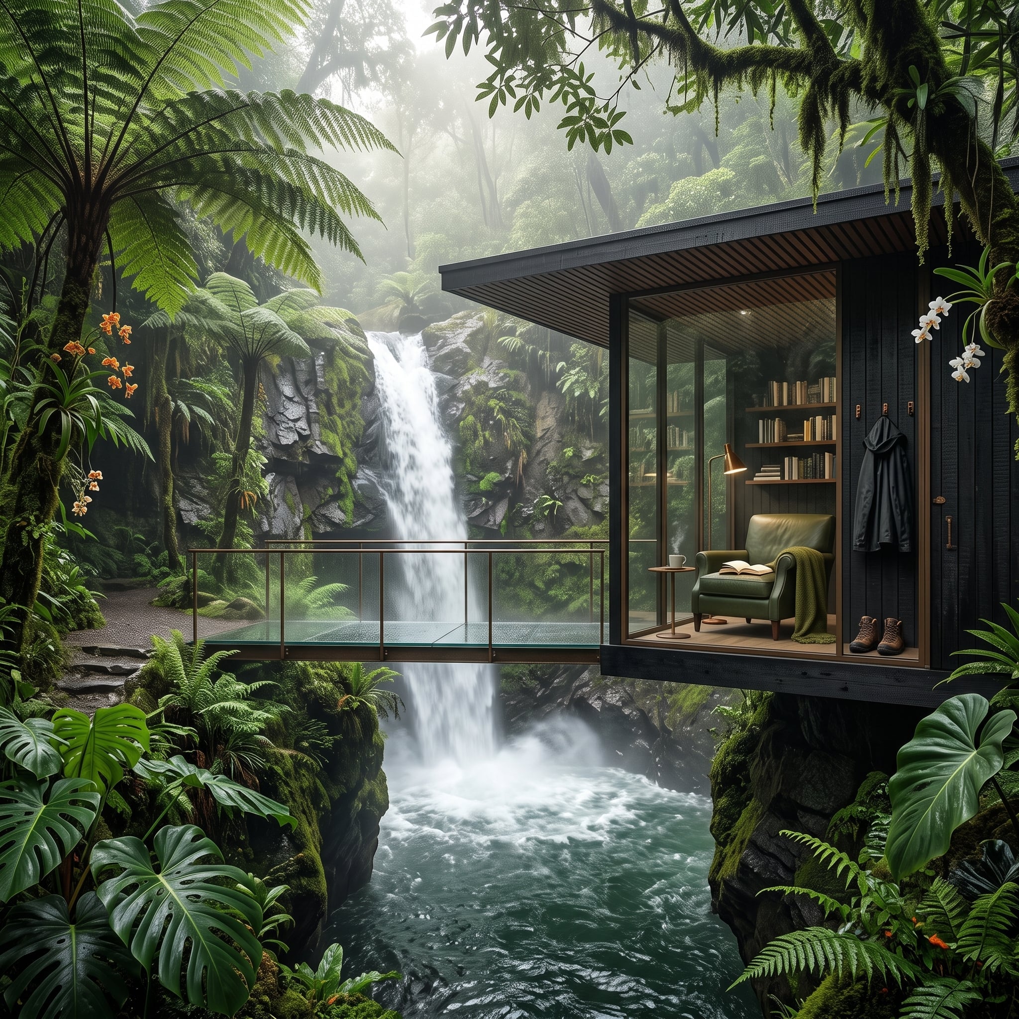 Glass-walled reading room cantilevered over a waterfall