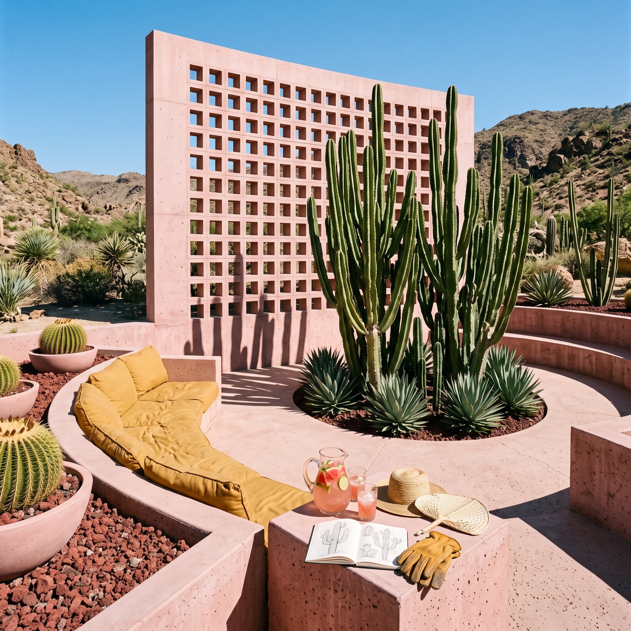 Rosy concrete sunken garden with columnar cacti and agaves