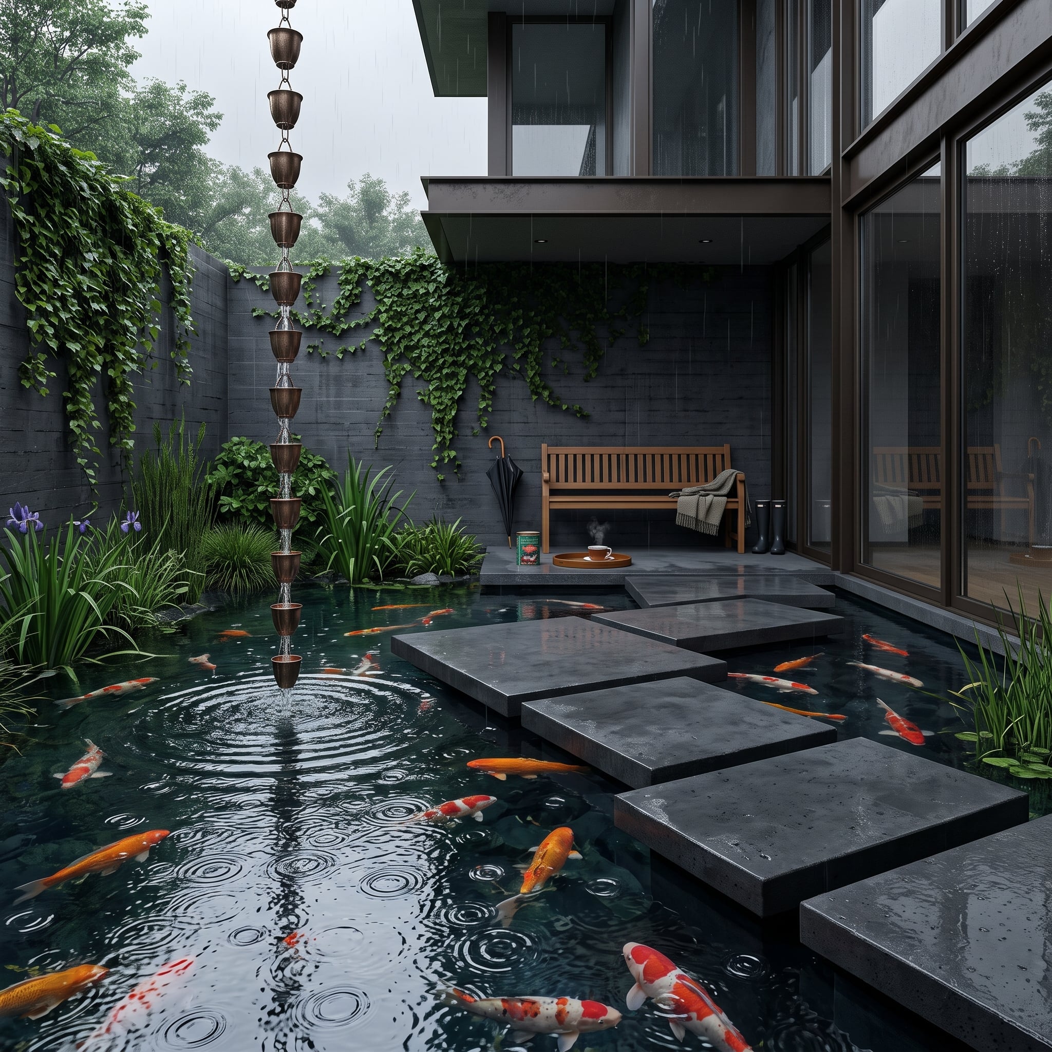 Copper rain chain descending toward a koi pond crossed by stepping stones