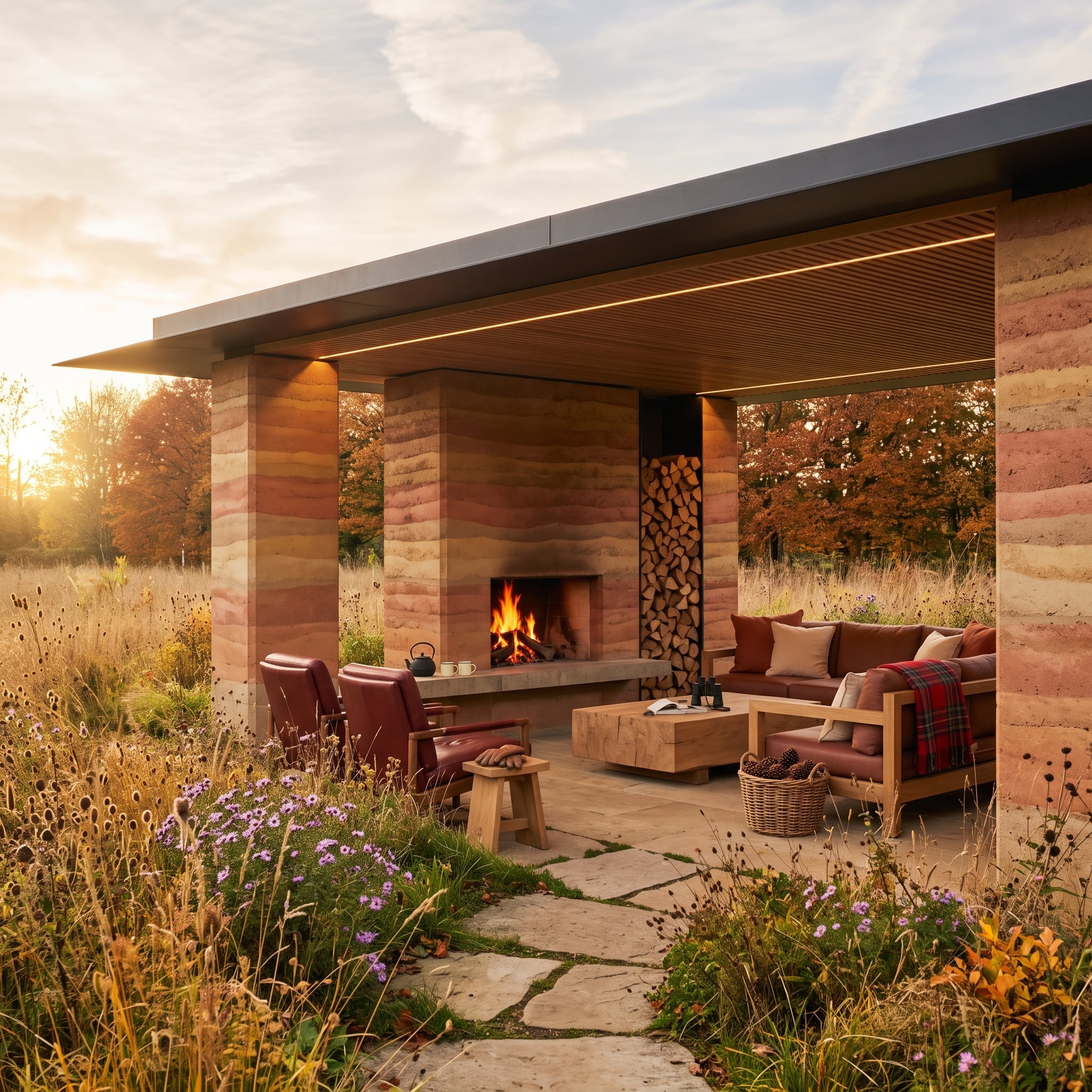 Rammed-earth outdoor living room with fireplace overlooking prairie
