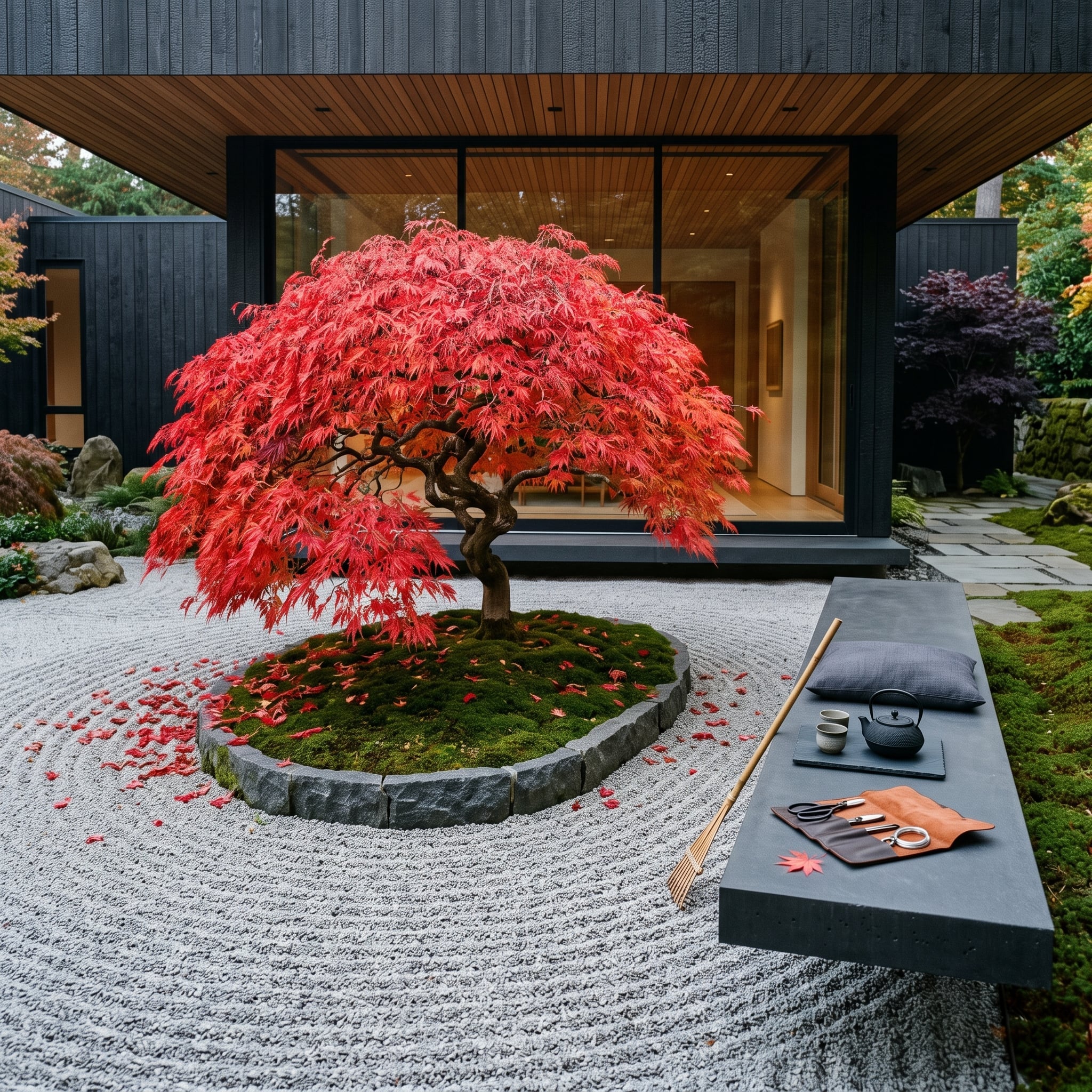 Crimson Japanese maple surrounded by concentric patterns of raked gravel