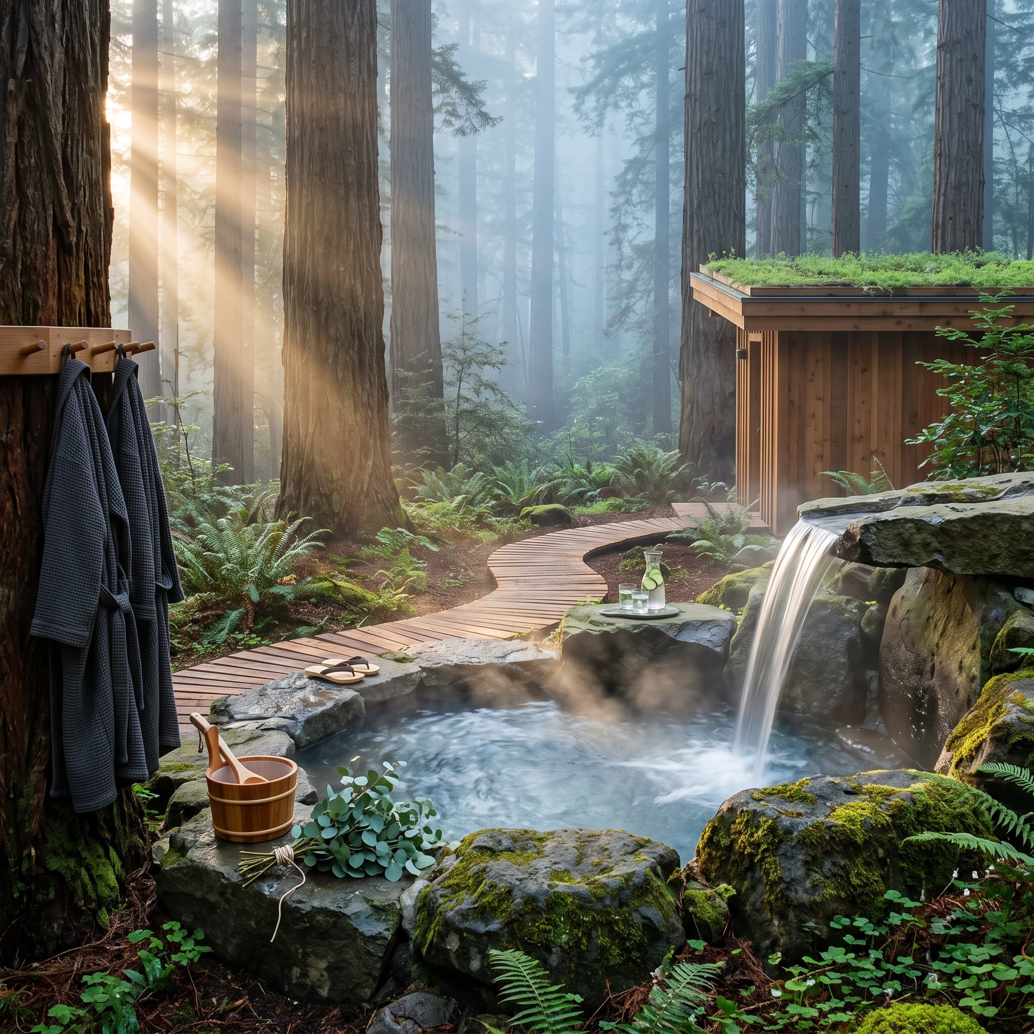 Steaming naturalistic soaking pool and waterfall among redwood trees