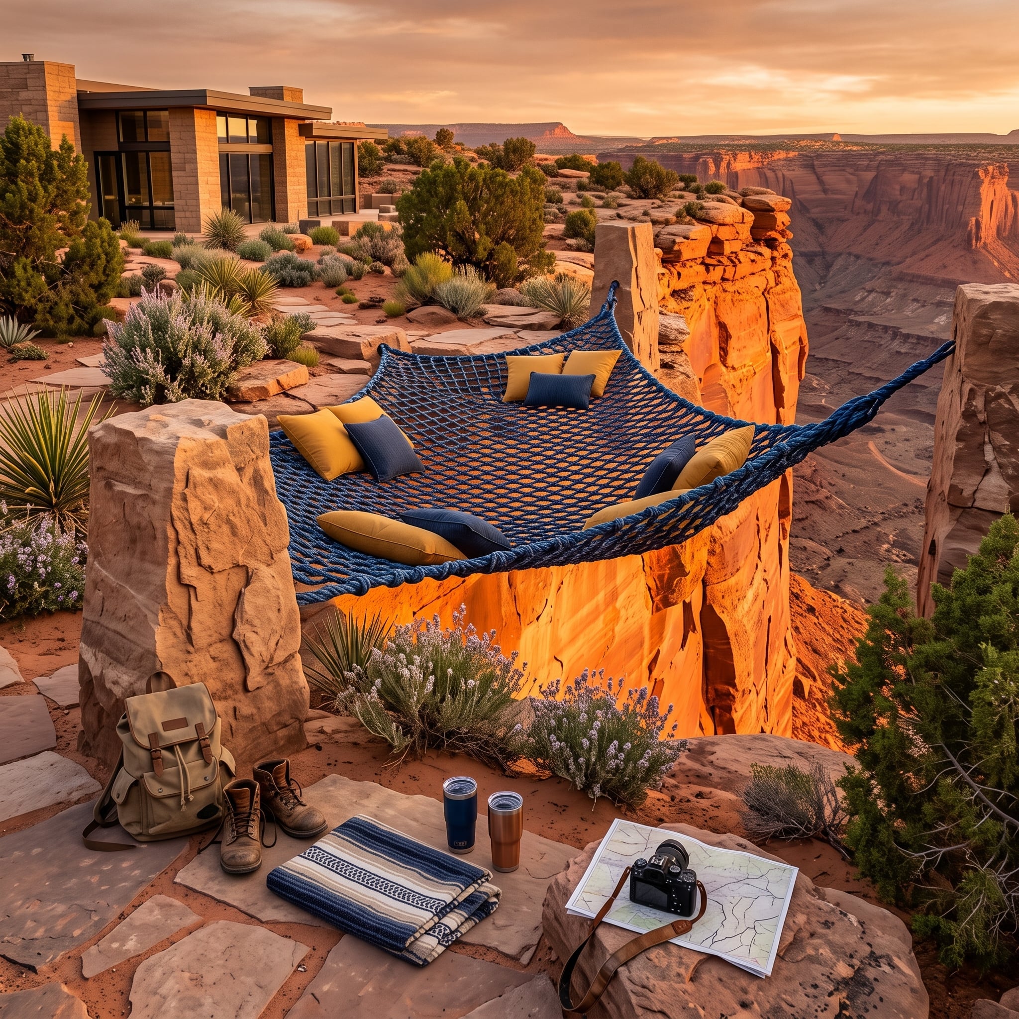 Large navy rope hammock suspended between sandstone formations over a canyon