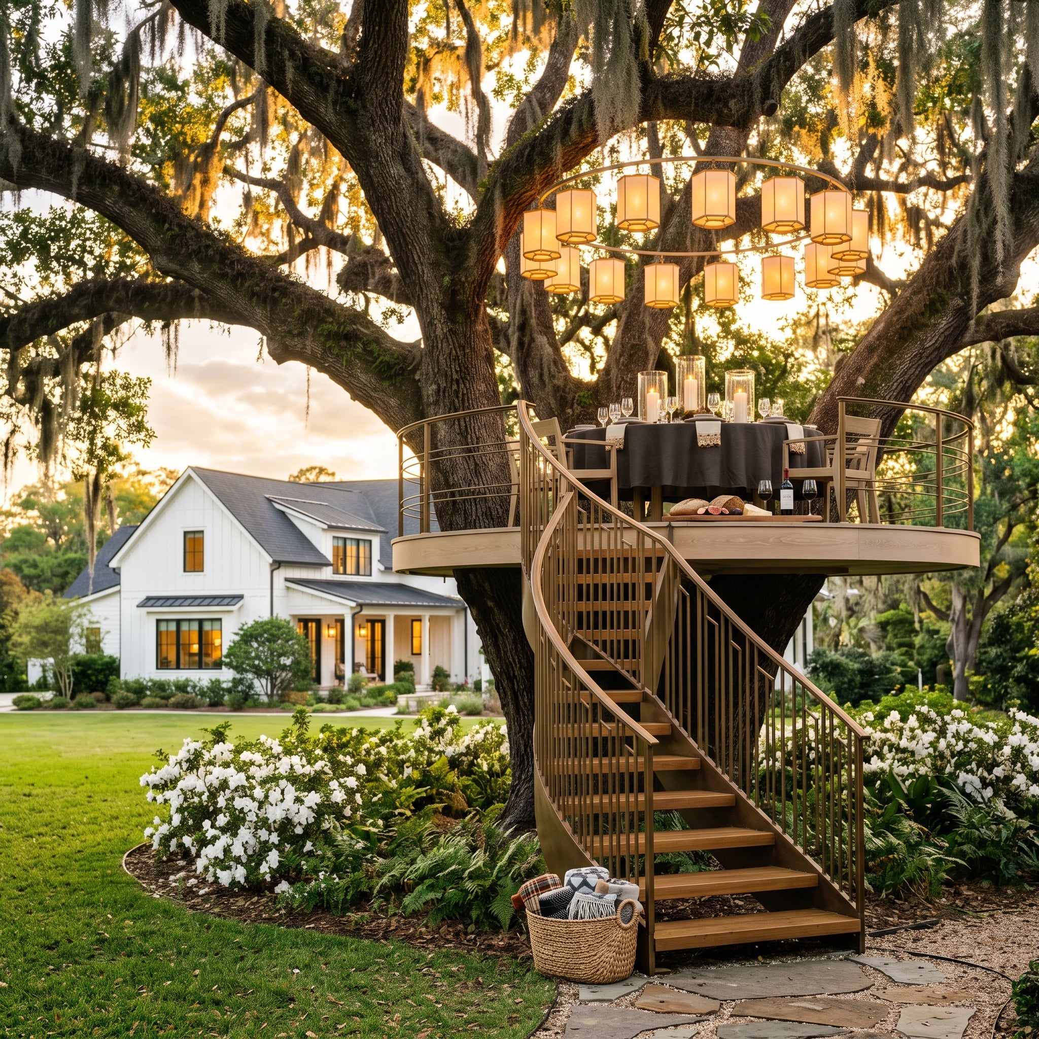 Elevated circular dining deck around a live oak with hanging lanterns