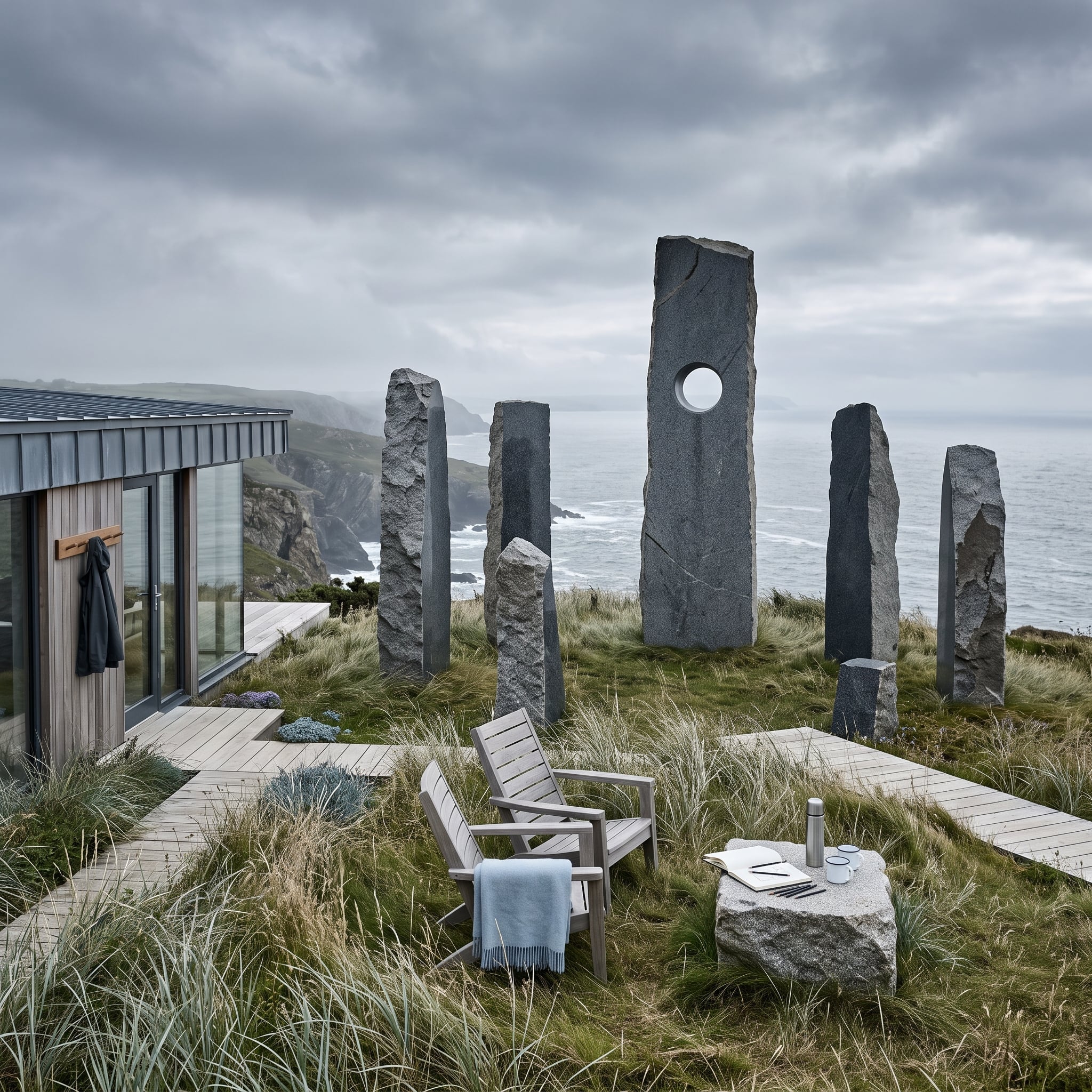 Basalt standing stones on a coastal cliff beside a modern cabin