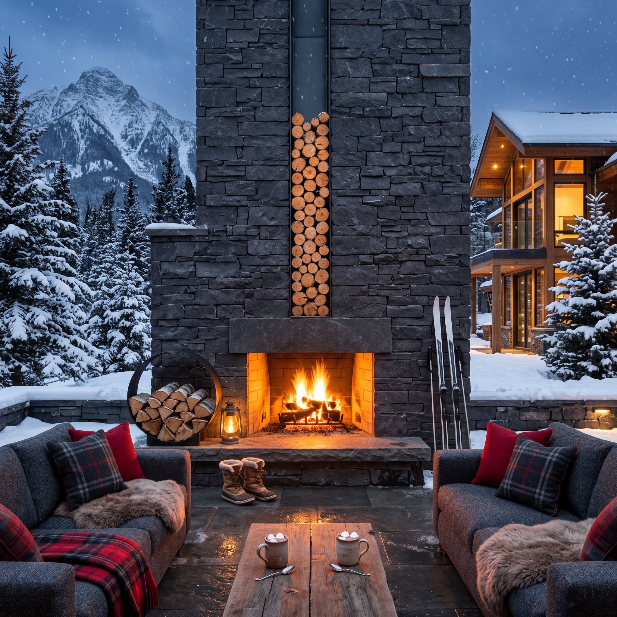 Snowy ski lodge patio with monumental stone fireplace and outdoor sofas