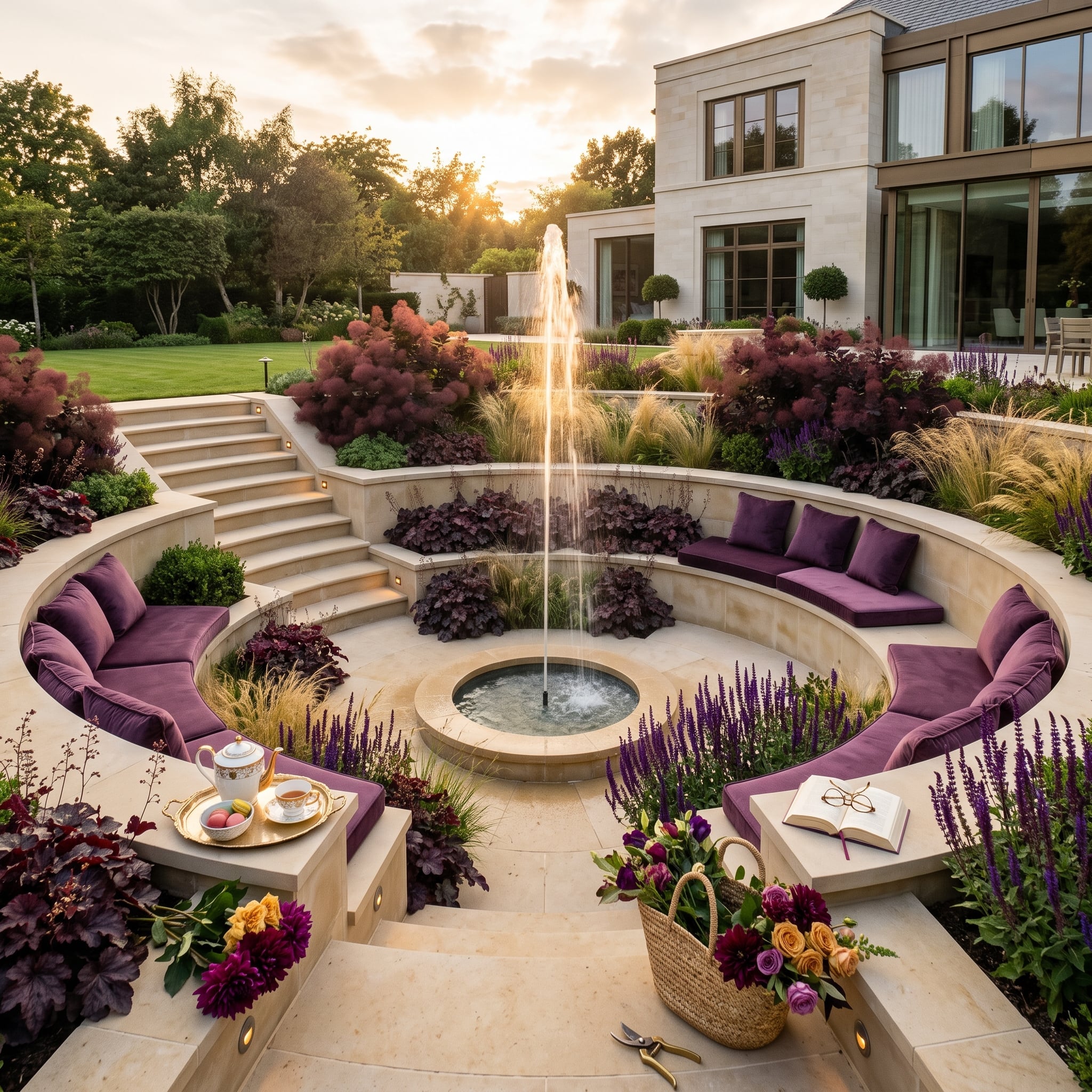 Circular sunken garden lounge surrounding a fountain with purple cushions