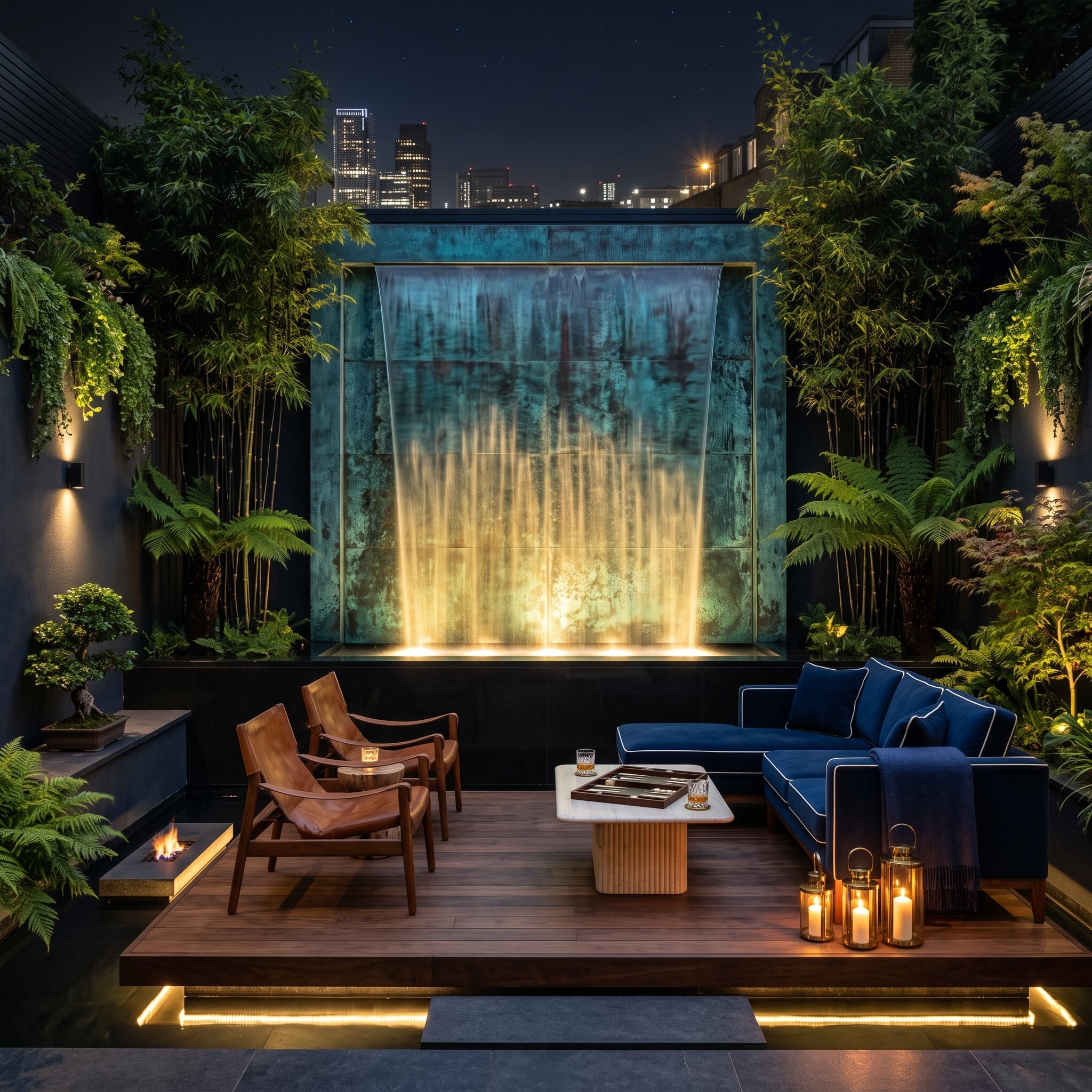 Patinated copper water wall in a rooftop garden with navy seating