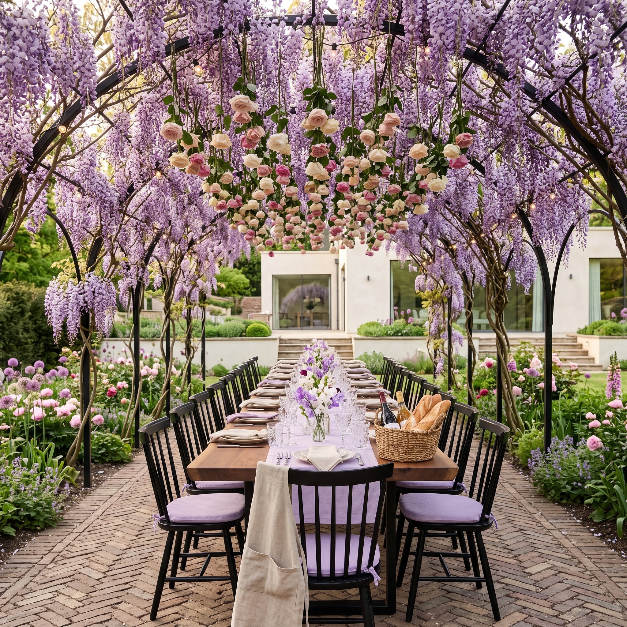 Outdoor dining table beneath wisteria and suspended roses
