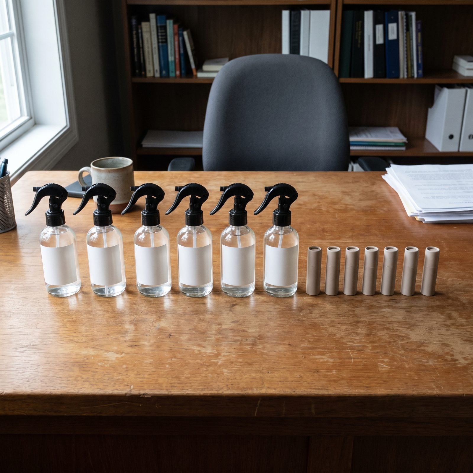 Bathroom shelf with a row of five nearly identical white pump bottles and three similar nude lipstick tubes.