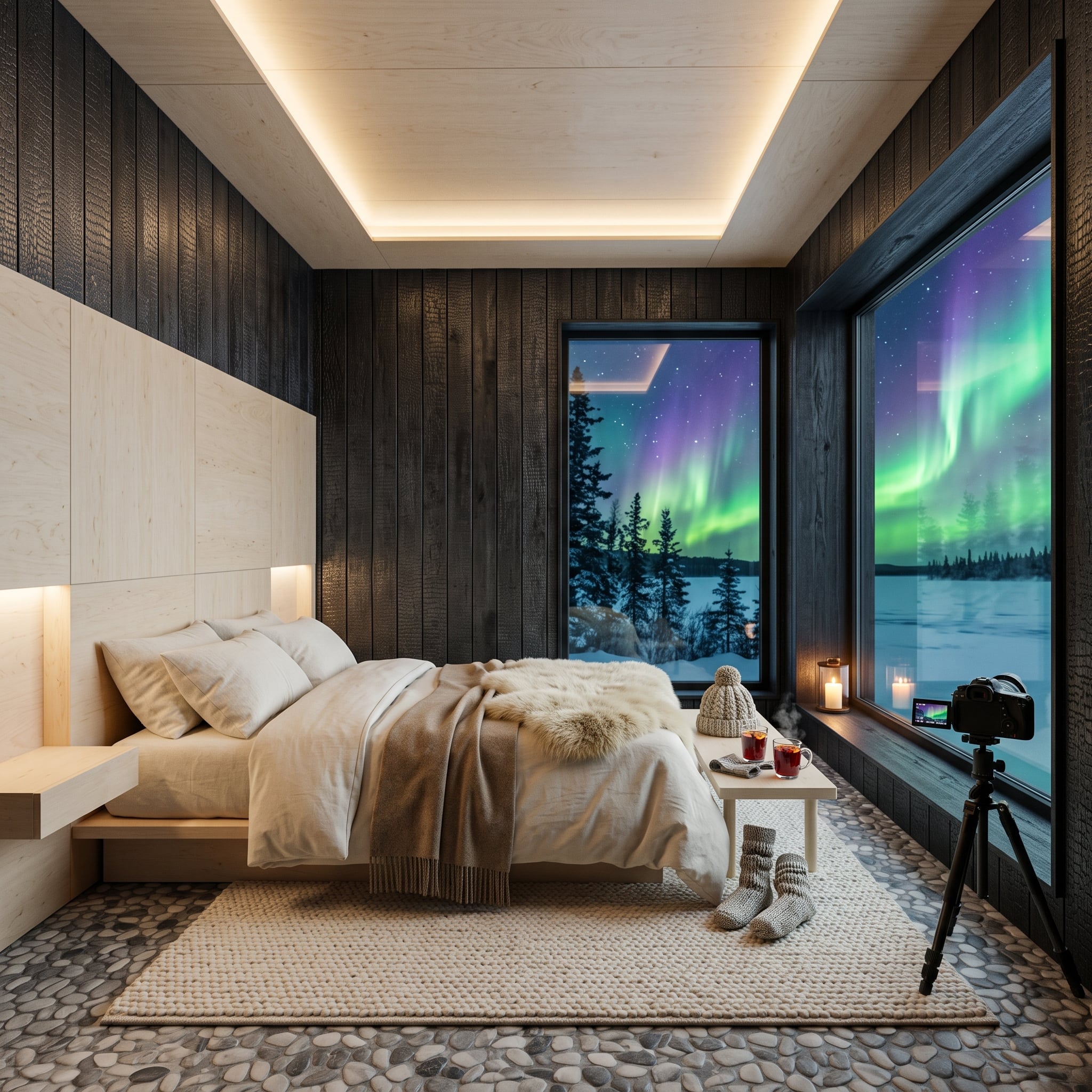 Dark timber bedroom with pebble-textured floor, floor-to-ceiling glass, and northern lights