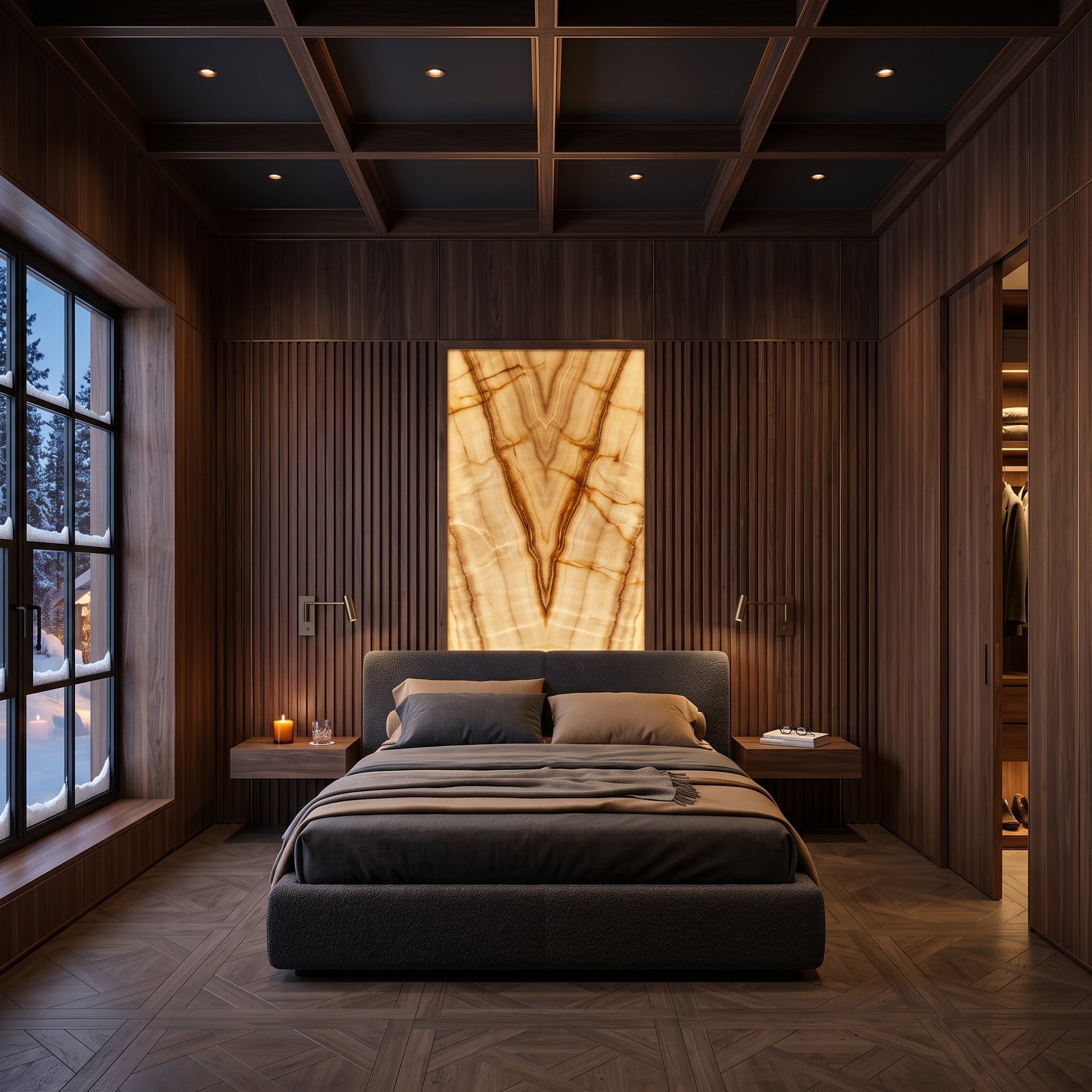 Dark wood bedroom with a glowing backlit stone panel and coffered ceiling