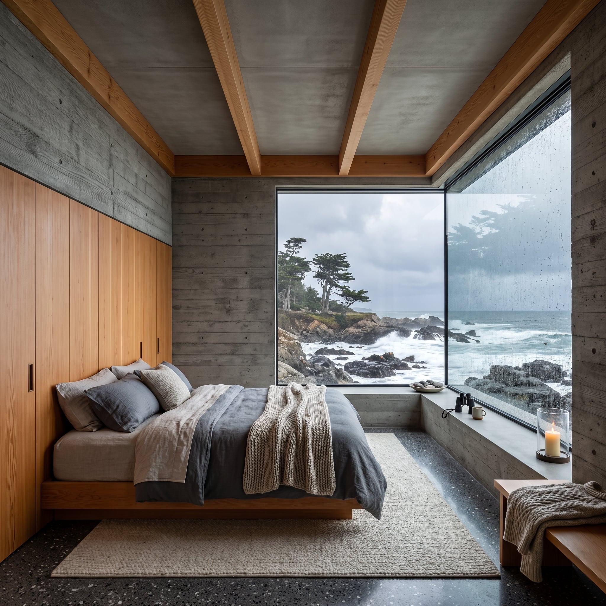 Concrete and wood bedroom with deep window seat and ocean view