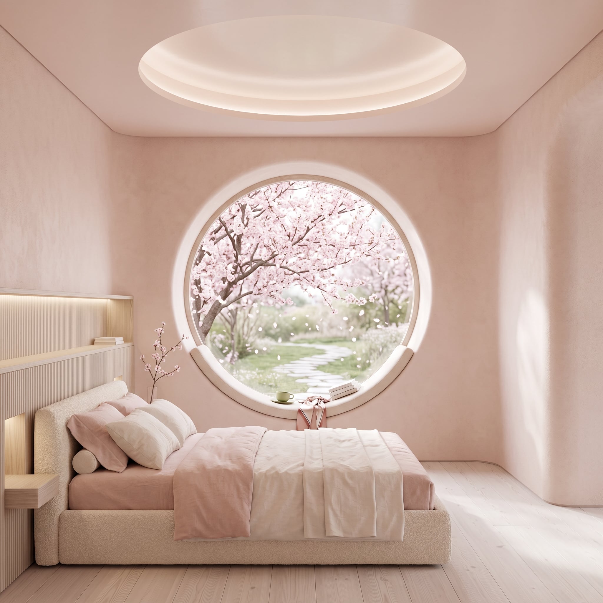 Blush plaster bedroom with circular window and oval recessed ceiling detail
