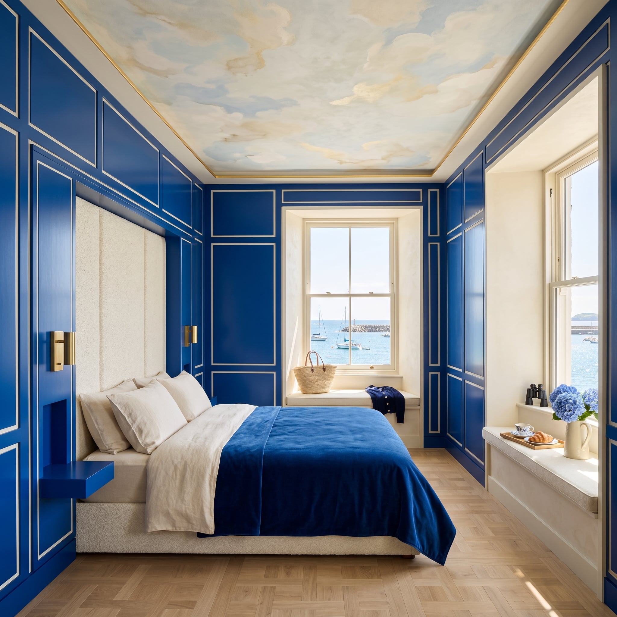 Cobalt paneled bedroom with a painted cloud ceiling and harbor view