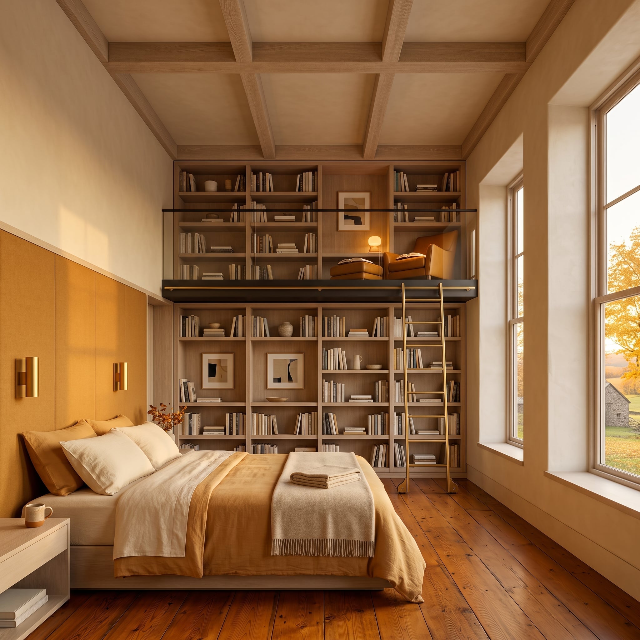 Pale wood bedroom with coffered ceiling, full-height library wall, ladder, and mezzanine reading nook