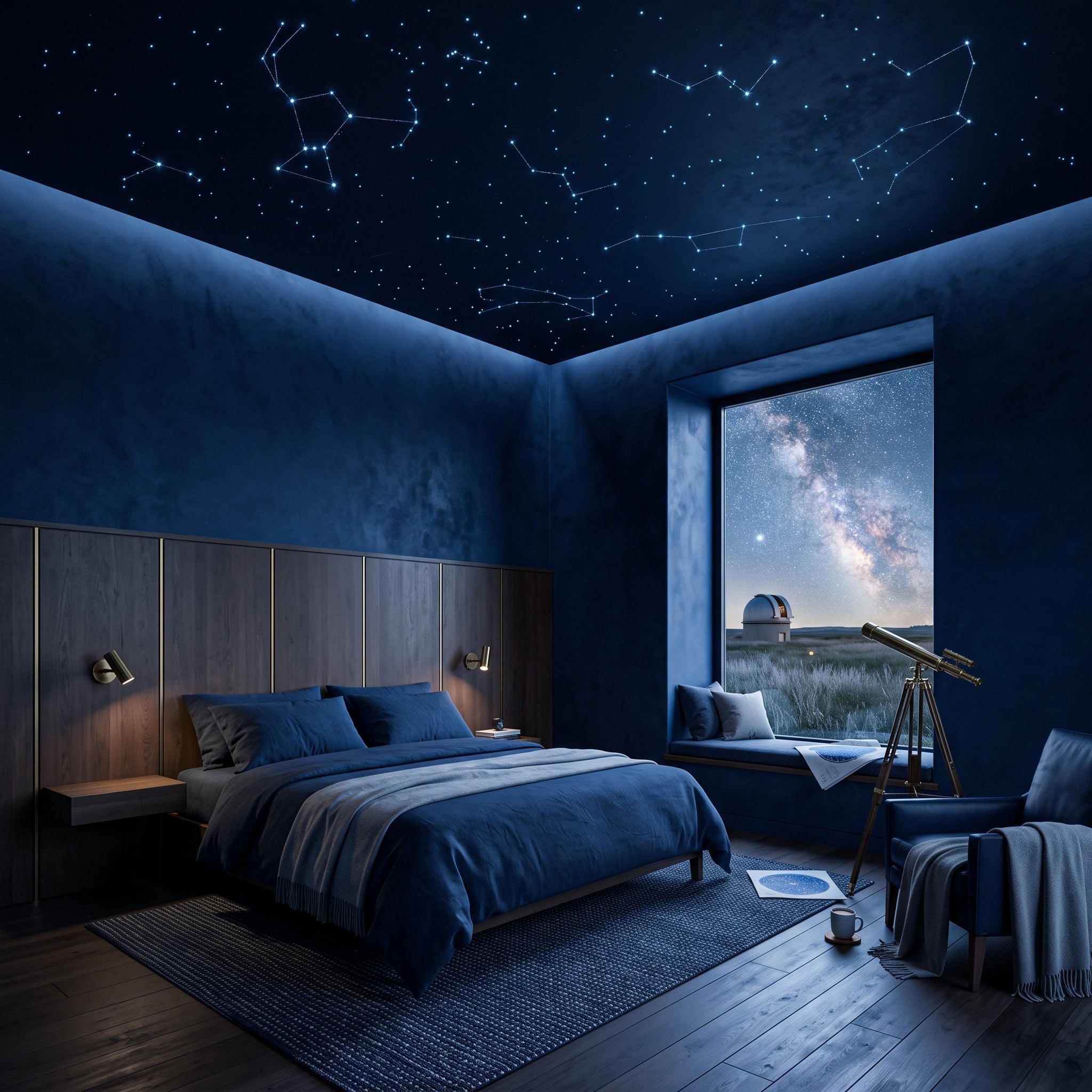 Deep navy bedroom with star-pattern ceiling, paneled headboard wall, and telescope