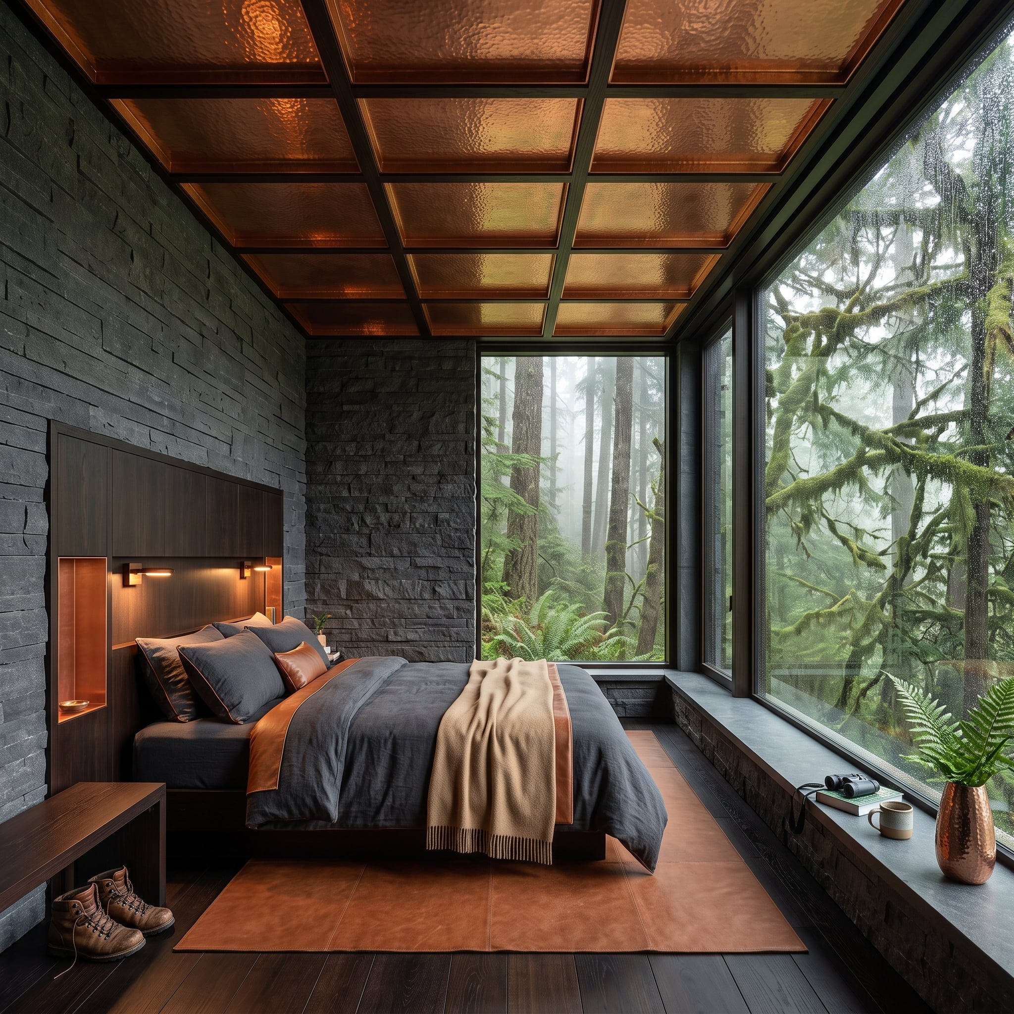 Bedroom with stacked stone walls, warm metallic coffered ceiling, and forest views