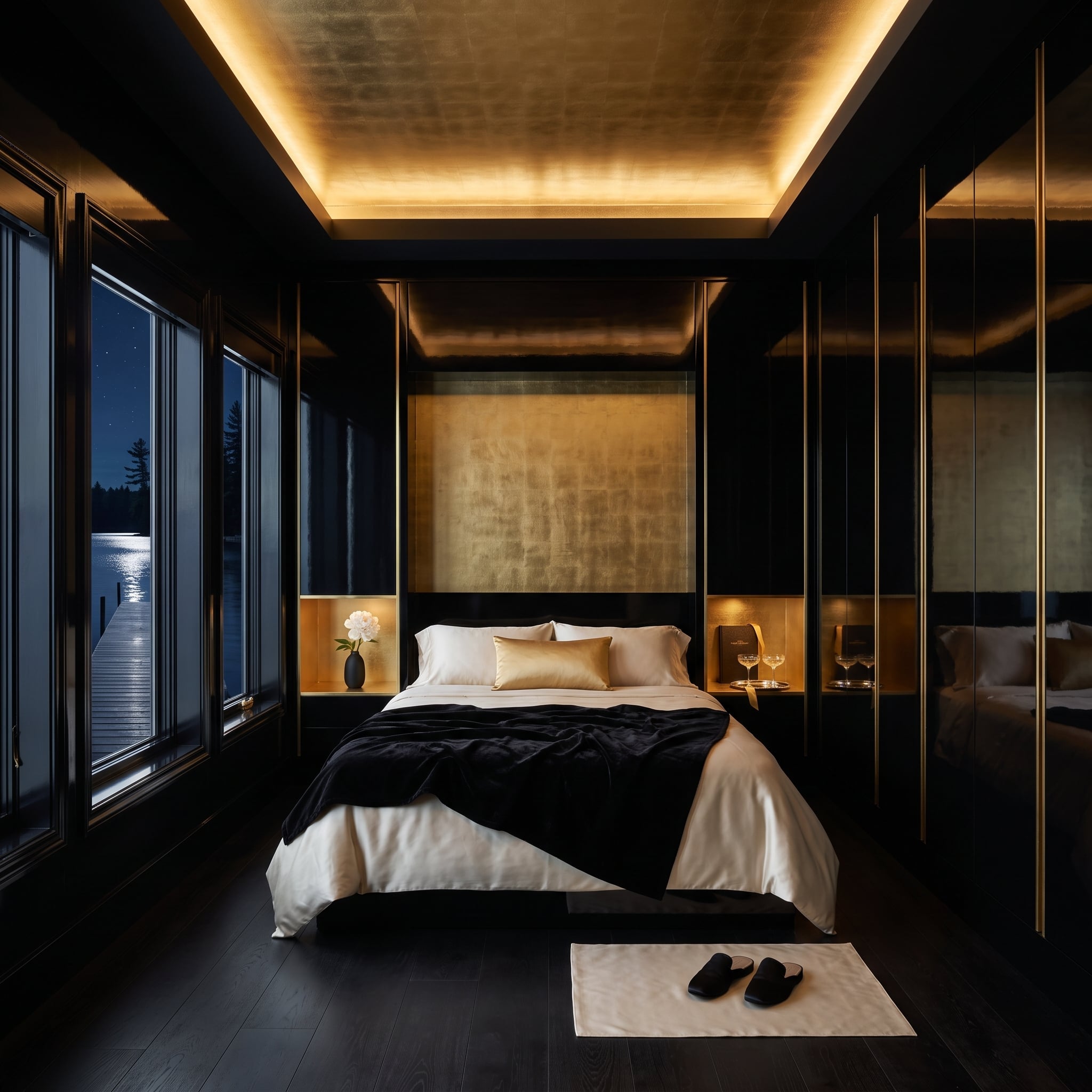 Dark bedroom with luminous gold-toned tray ceiling and nighttime lake view